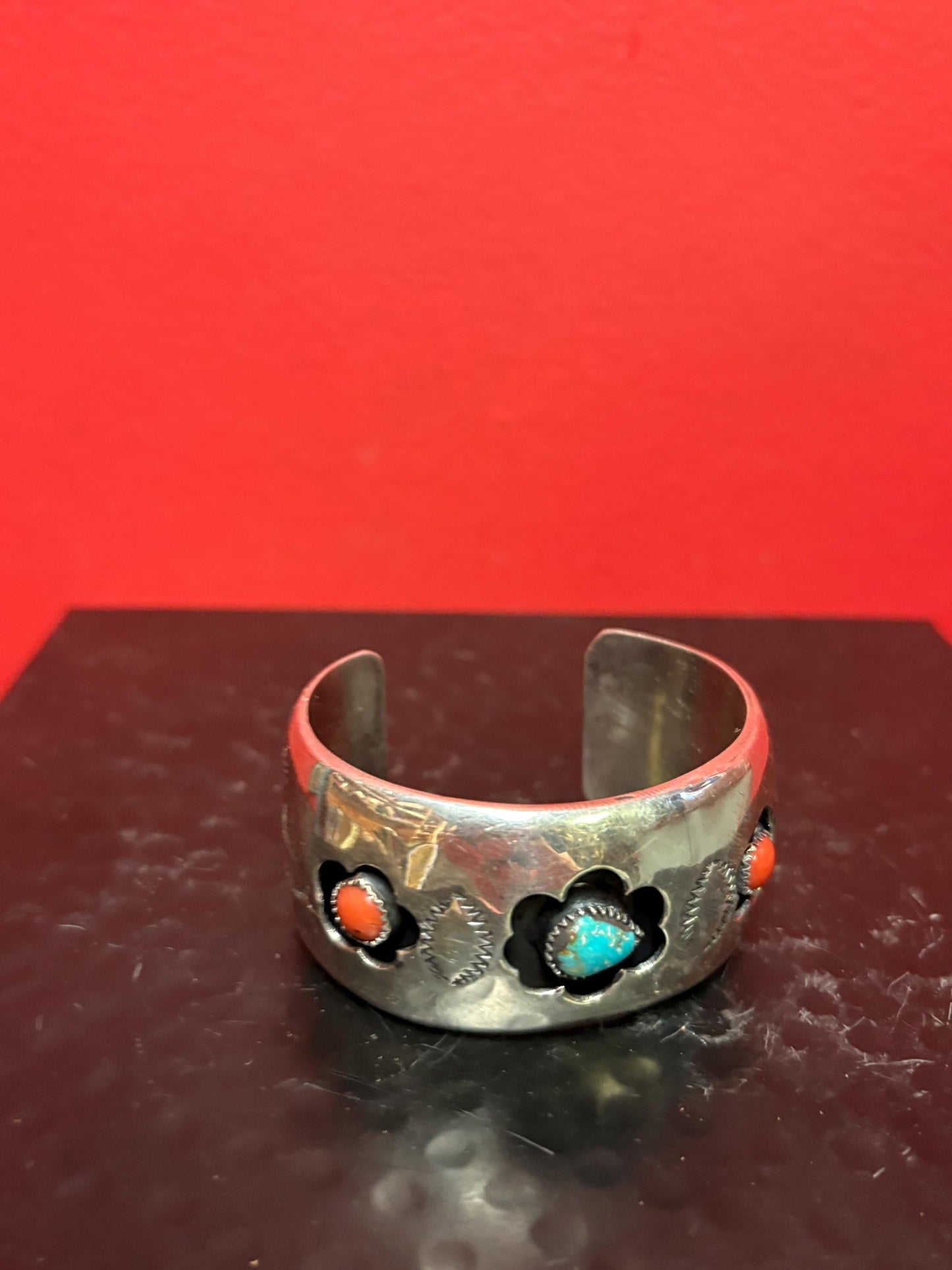 Stunning antique authentic Navajo shadow Cuff turquoise coral and sterling silver approximately 2 1/2 inches wide and 7 1/2 inches long