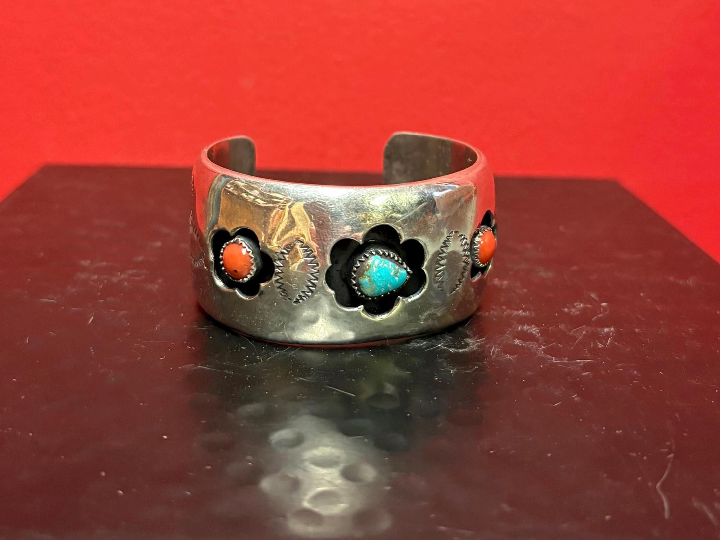 Stunning antique authentic Navajo shadow Cuff turquoise coral and sterling silver approximately 2 1/2 inches wide and 7 1/2 inches long