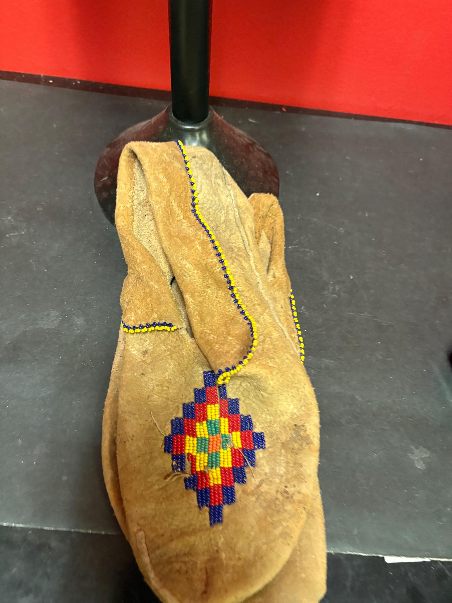 Lovely indigenous first nation Pacific Northwest coast beaded and leather moccasin shoes 10 inches long as is condition- decorational