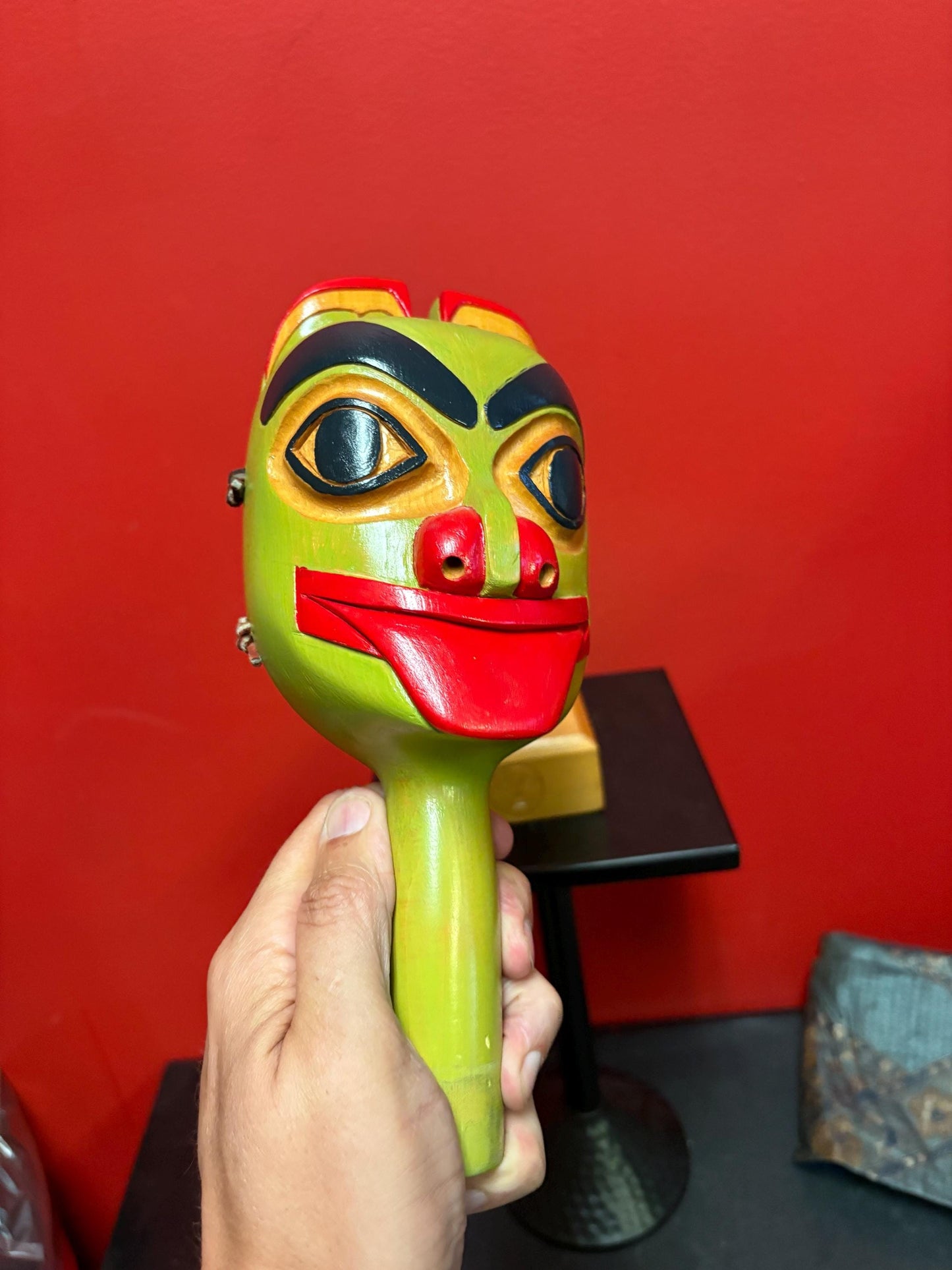 favulous indigenous first nation Pacific Northwest Coast signed Haywood Russel frog rattle in stand rattle 10 inches and stand 2 inches