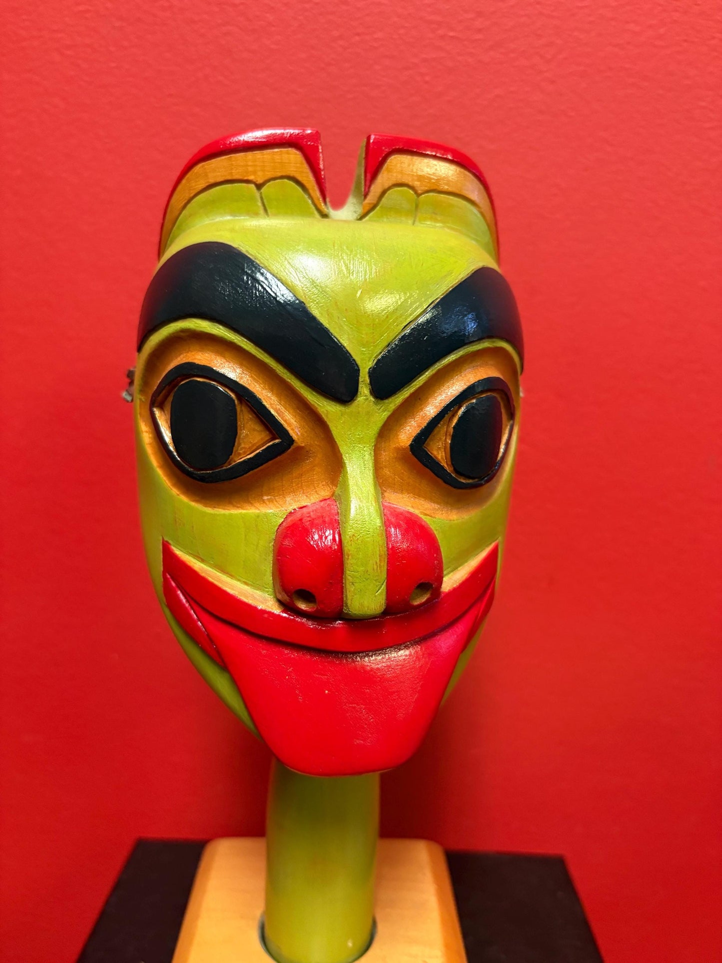 favulous indigenous first nation Pacific Northwest Coast signed Haywood Russel frog rattle in stand rattle 10 inches and stand 2 inches