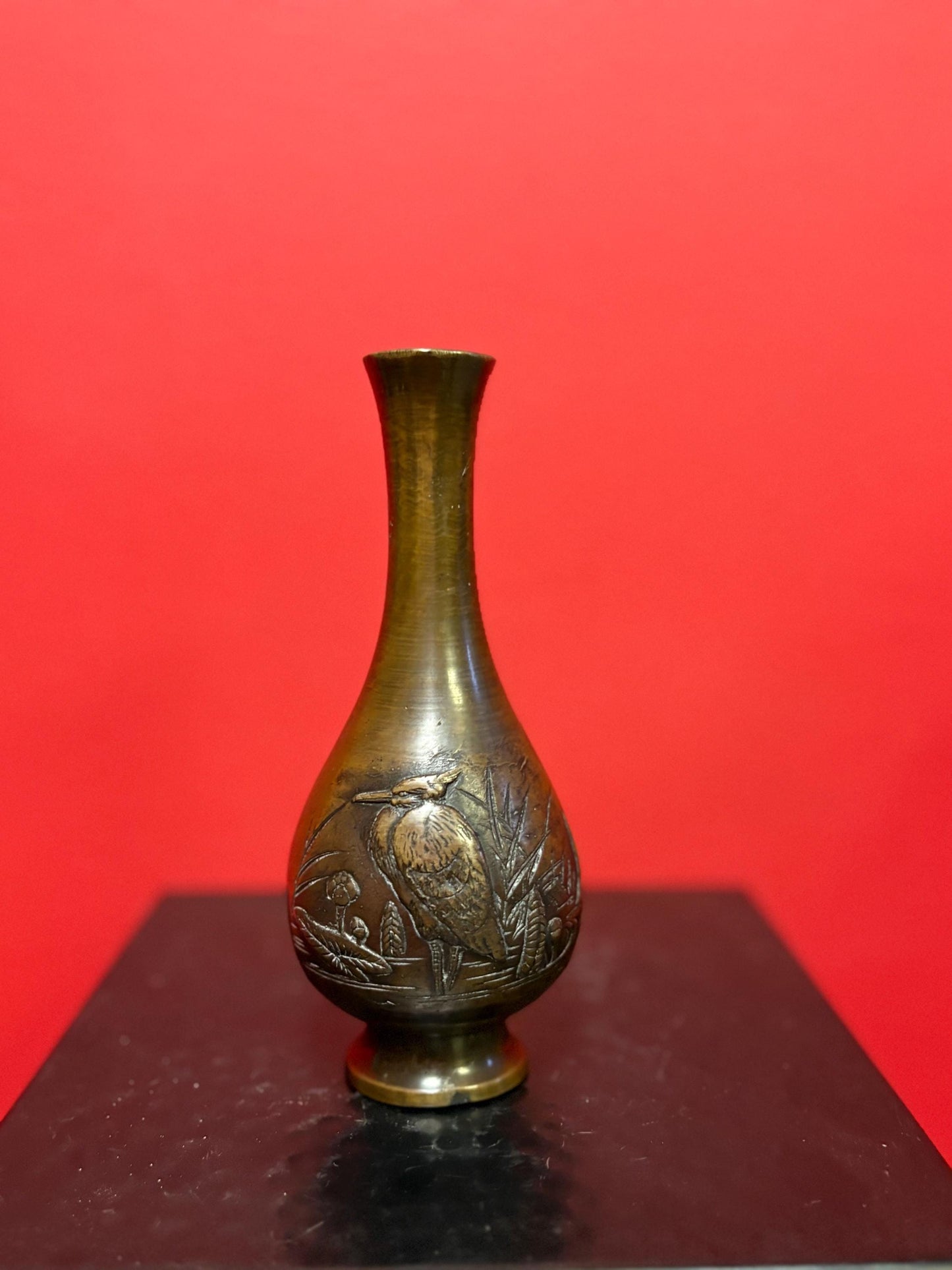 Beautiful antique Japanese meji Bronze vase 6.25 inches tall with amazing patina great heron motif beautiful gift -