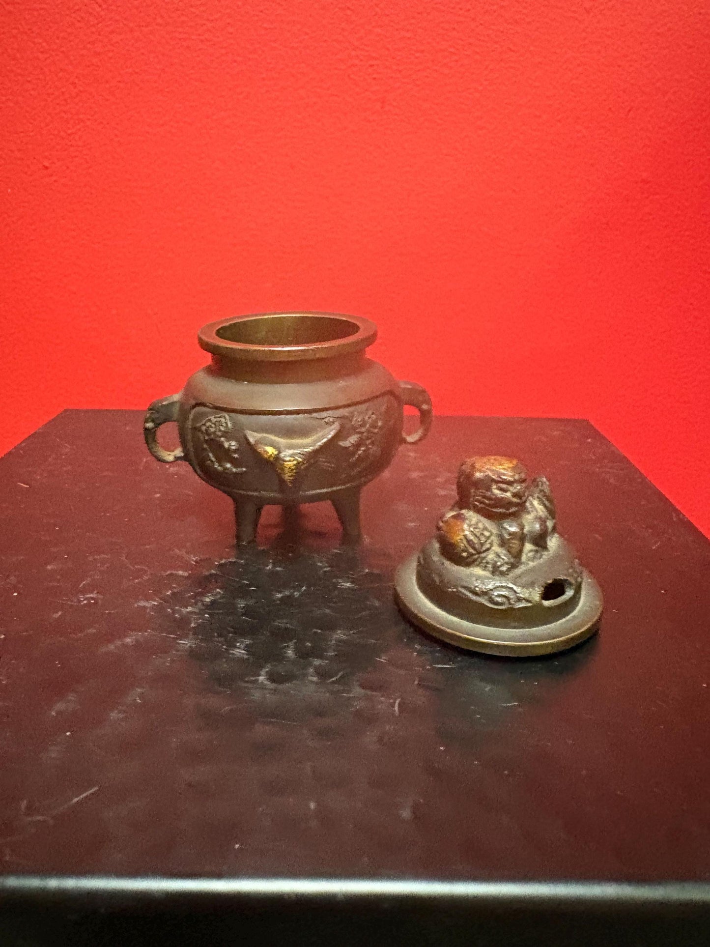 Beautiful small antique Japanese incense burner with food dog finale 3.5 inches tall wonderful condition and great patina - good price