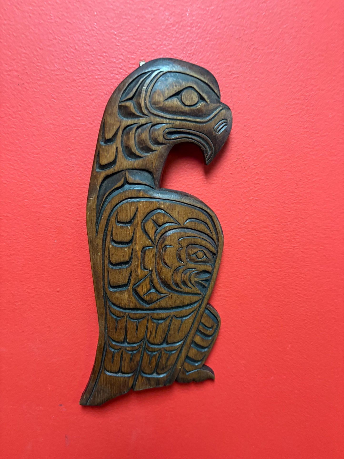 Beautiful signed 12 x 4.5 inch high Indigenous First Nations cedar eagle and sun mask plaque  great detail  highly detailed