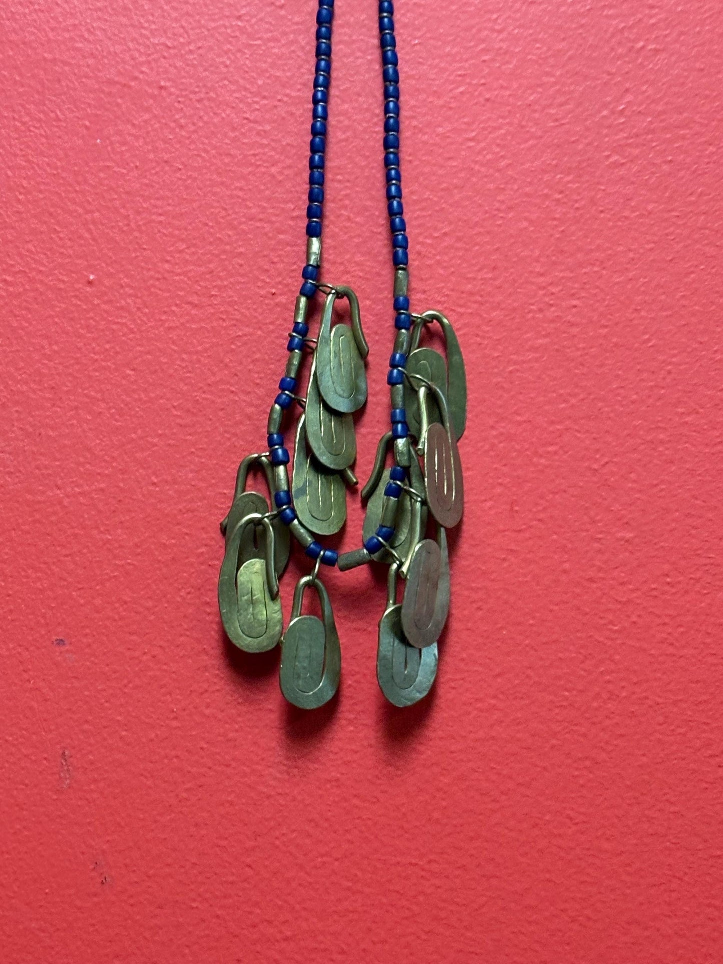 Old African trade bead and brass necklace approx 20 inches long really unique piece