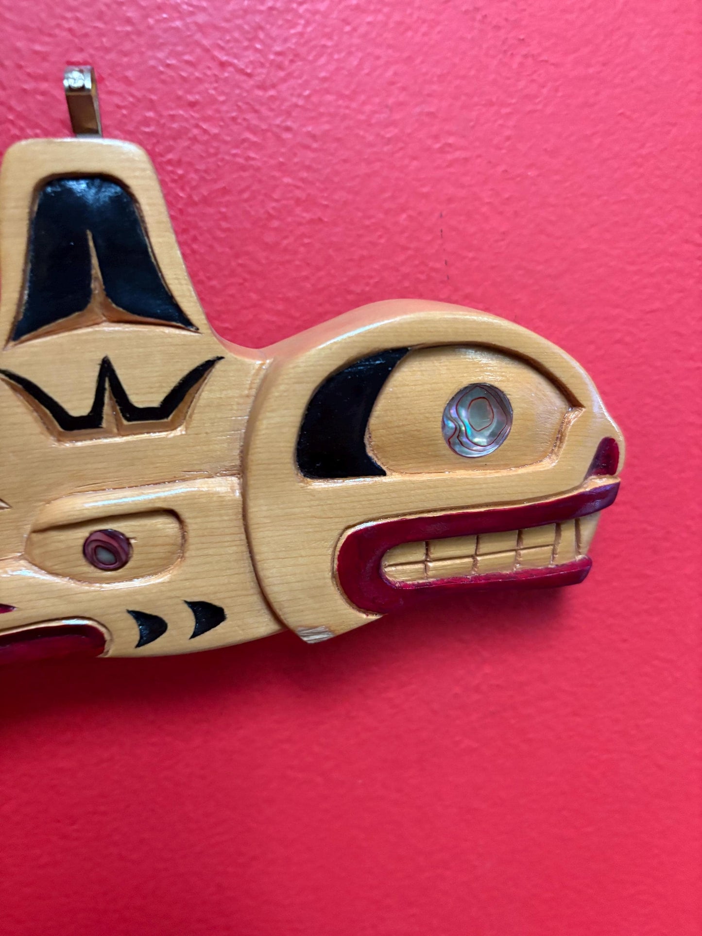 Stunning 9 x 4 signed yellow cedar and abalone plaque depicting shark Raven and Eagle indigenous First Nations Pacific Northwest Coast