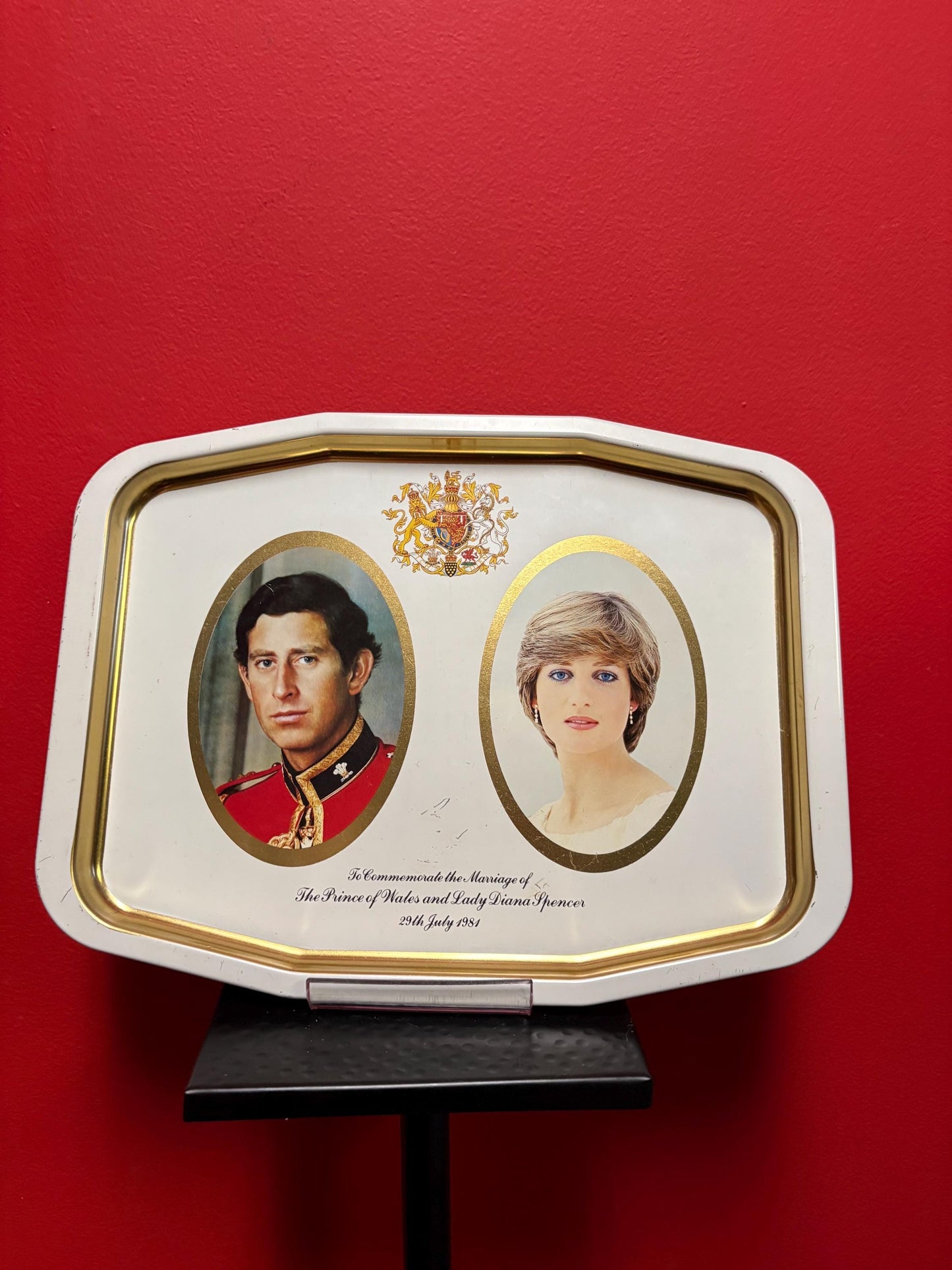 Vintage 15 x 11 inch wide Charles and Diana metal wedding tray few scratches see photos