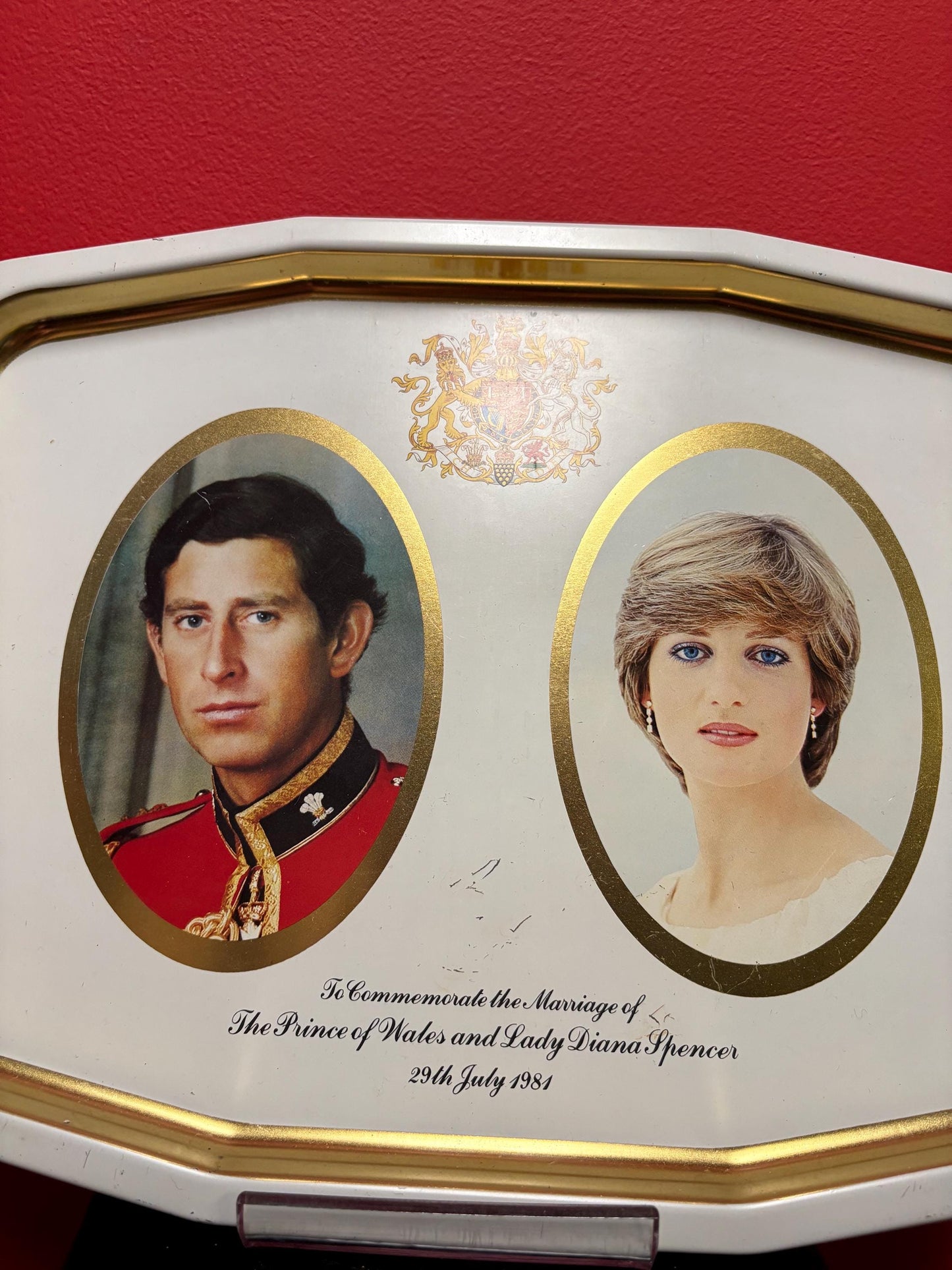 Vintage 15 x 11 inch wide Charles and Diana metal wedding tray few scratches see photos