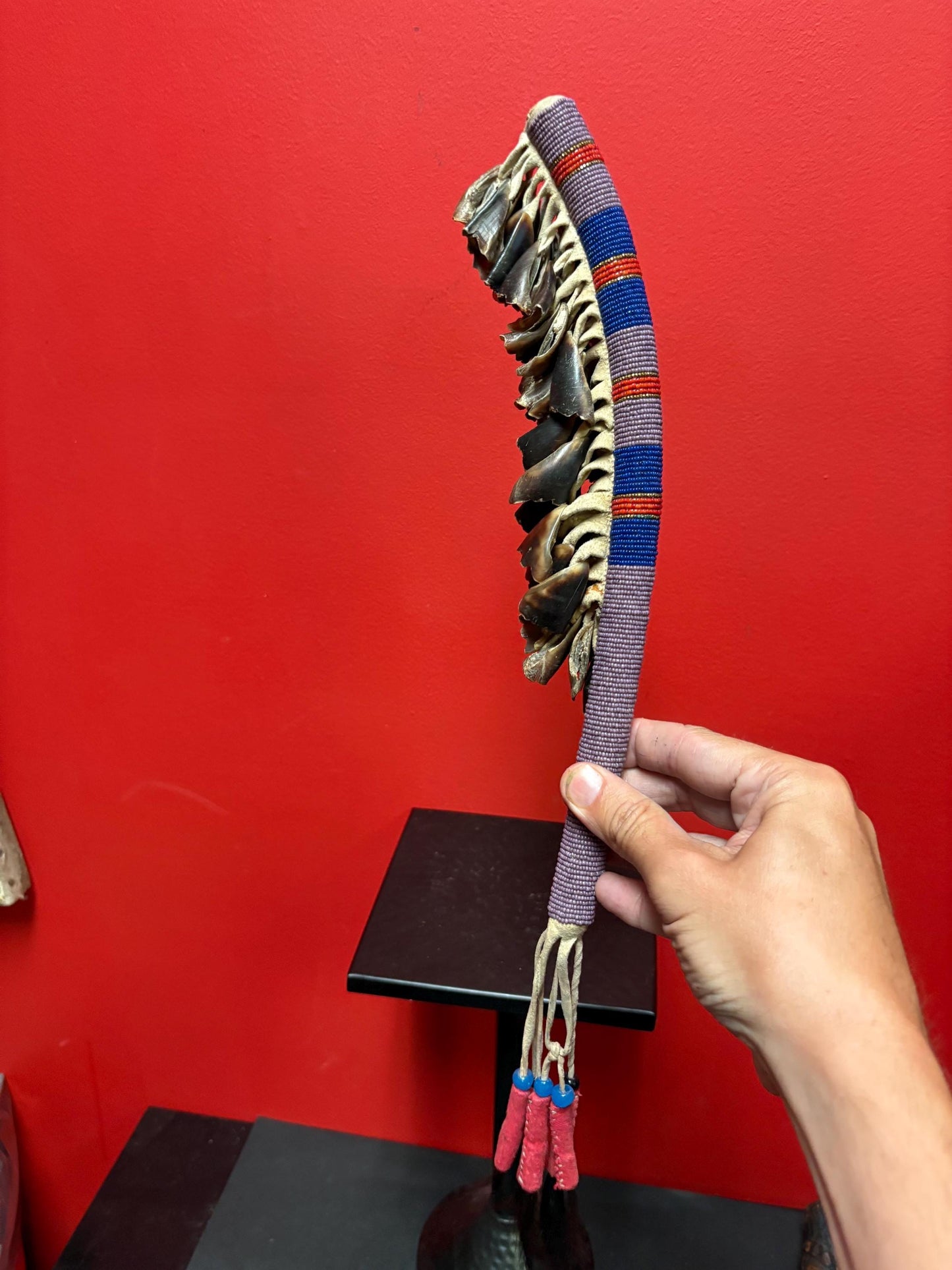 Indigenous approximately 22 inch long beaded rattle with horn  nice sound  unique piece  indigenous first nations  gift alert