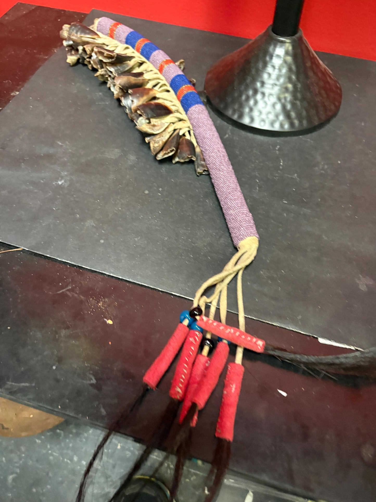 Indigenous approximately 22 inch long beaded rattle with horn  nice sound  unique piece  indigenous first nations  gift alert