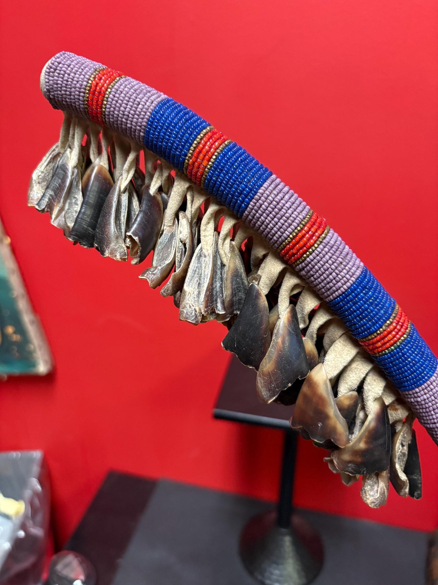 Indigenous approximately 22 inch long beaded rattle with horn  nice sound  unique piece  indigenous first nations  gift alert