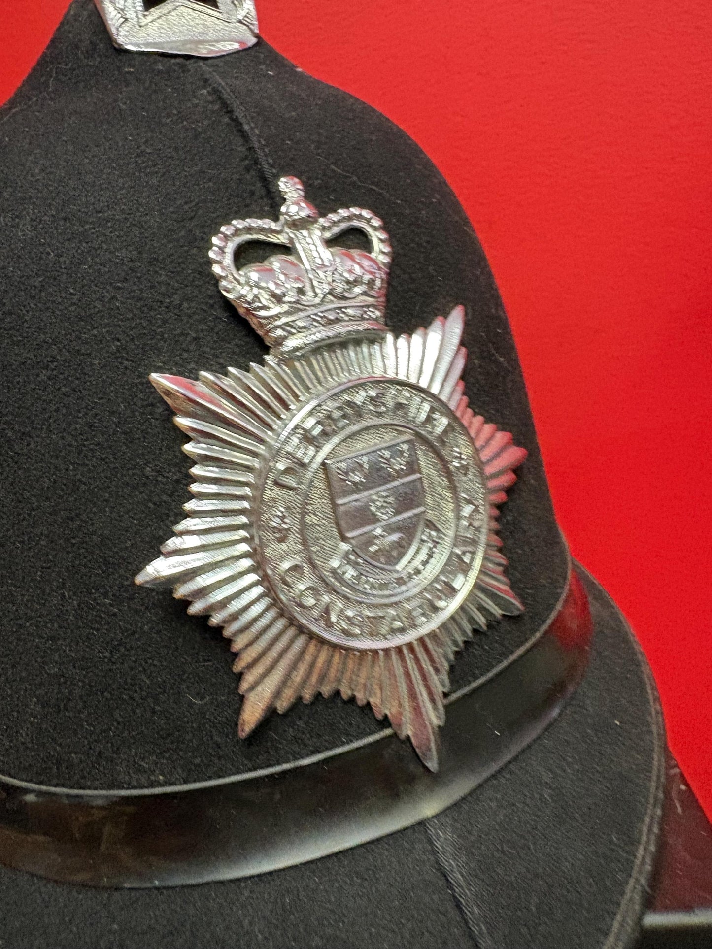Lovely authentic antique mens English policemans Bobby helmet from DERBYSHIRE great condition see photos