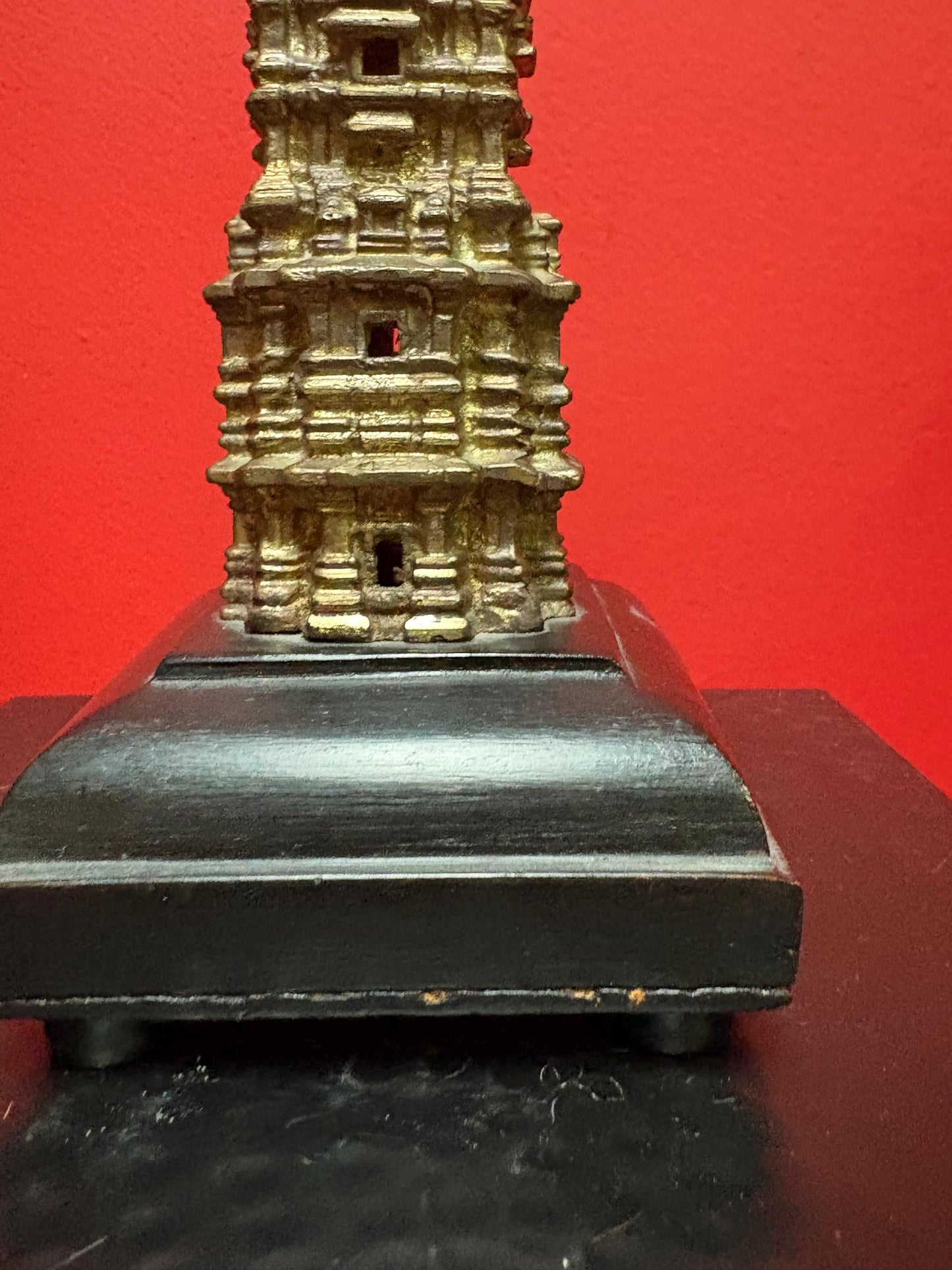 Lovely older Asian bronze temple on wood stand with new screws amazing detail and 10 inches tall real stunner