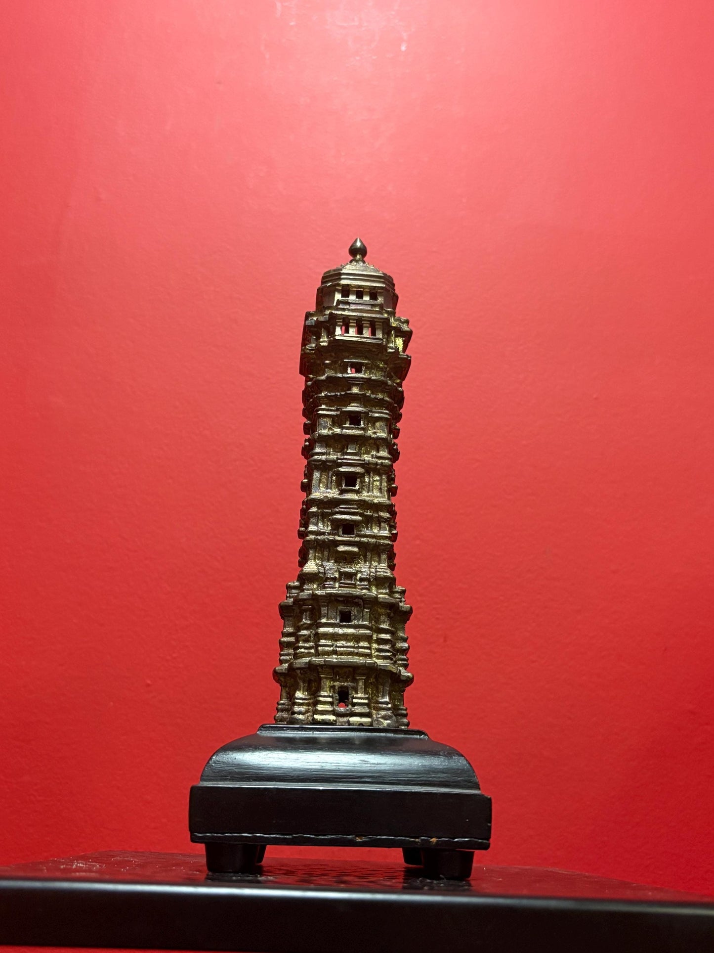 Lovely older Asian bronze temple on wood stand with new screws amazing detail and 10 inches tall real stunner