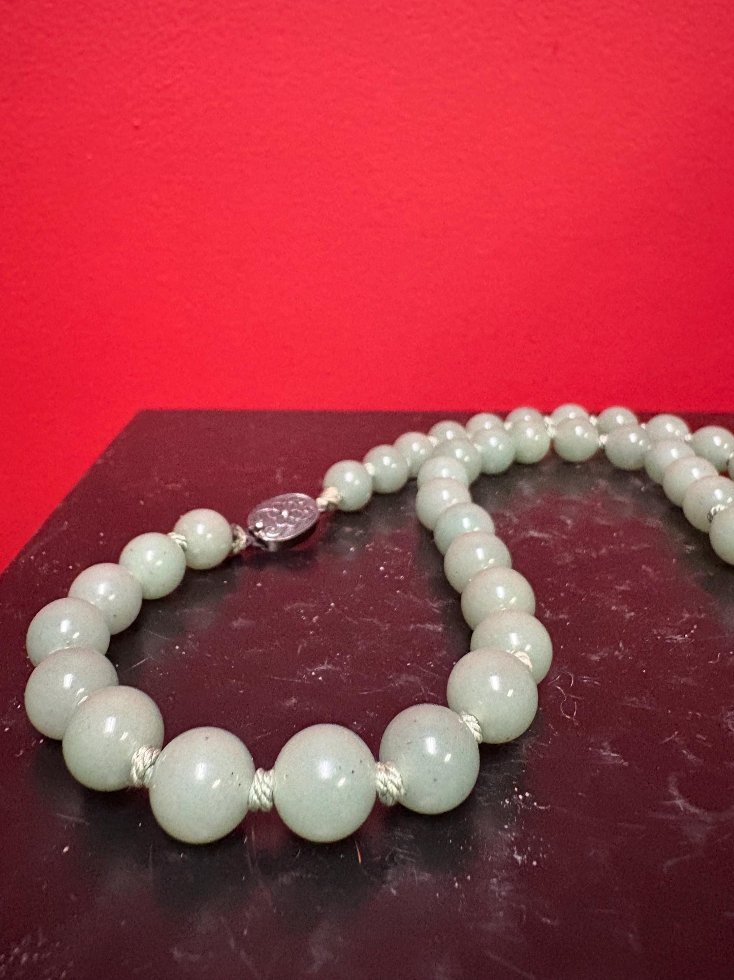 Vintage Chinese high-quality jade bead necklace with sterling silver clasp approximately 25 inches great knotting wonderful gift