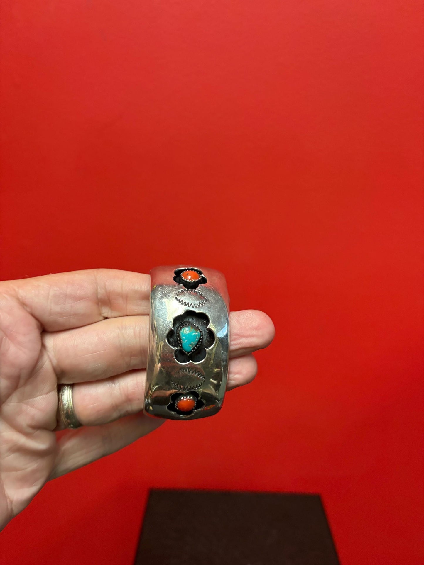 Stunning antique authentic Navajo shadow Cuff turquoise coral and sterling silver approximately 2 1/2 inches wide and 7 1/2 inches long