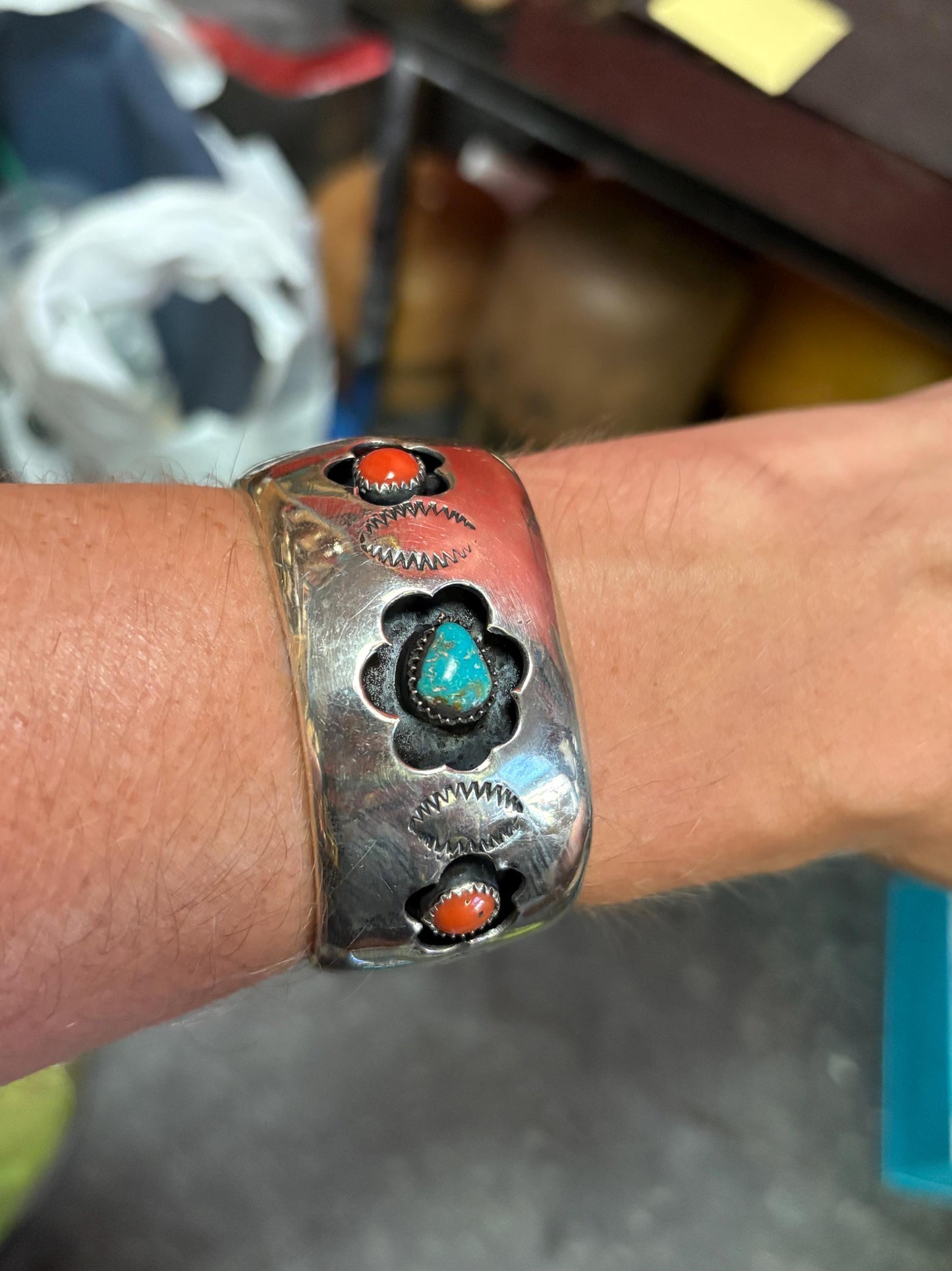 Stunning antique authentic Navajo shadow Cuff turquoise coral and sterling silver approximately 2 1/2 inches wide and 7 1/2 inches long