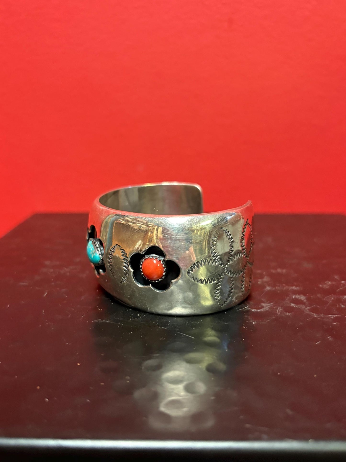 Stunning antique authentic Navajo shadow Cuff turquoise coral and sterling silver approximately 2 1/2 inches wide and 7 1/2 inches long