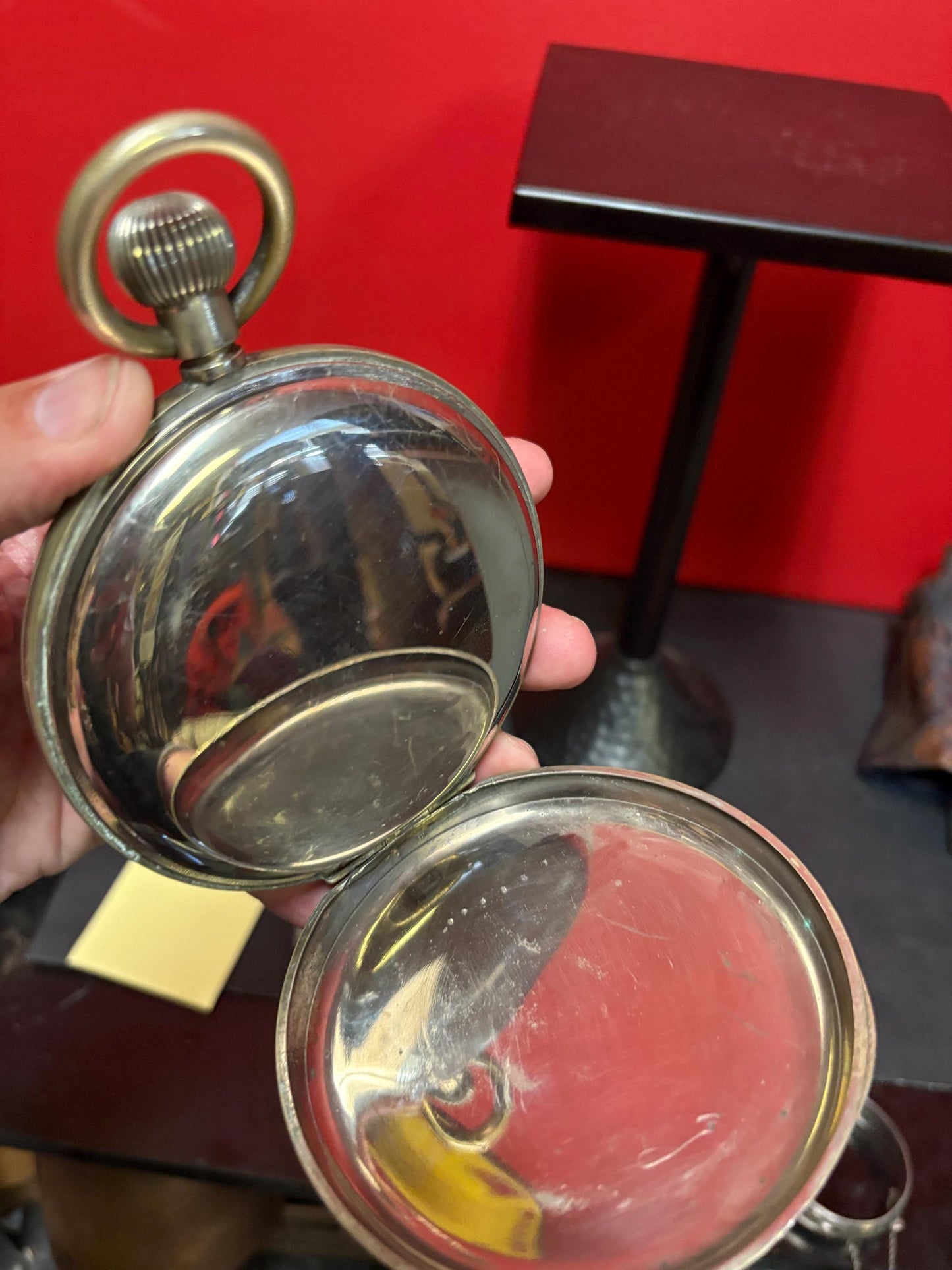 Massive English antique silver plated pocket watch - works perfectly in great condition - 5 1/2 inches tall B
