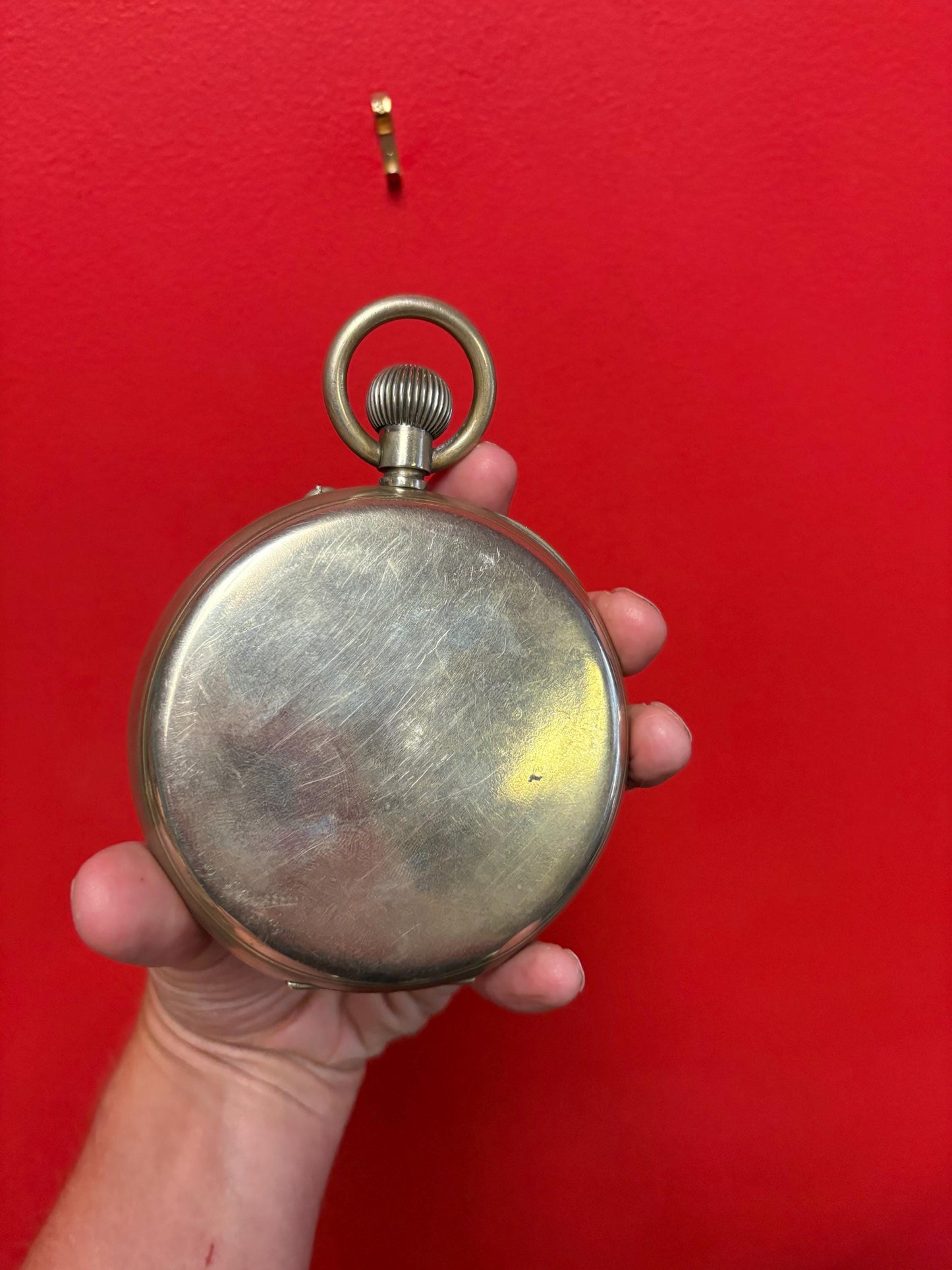Massive English antique silver plated pocket watch - works perfectly in great condition - 5 1/2 inches tall B