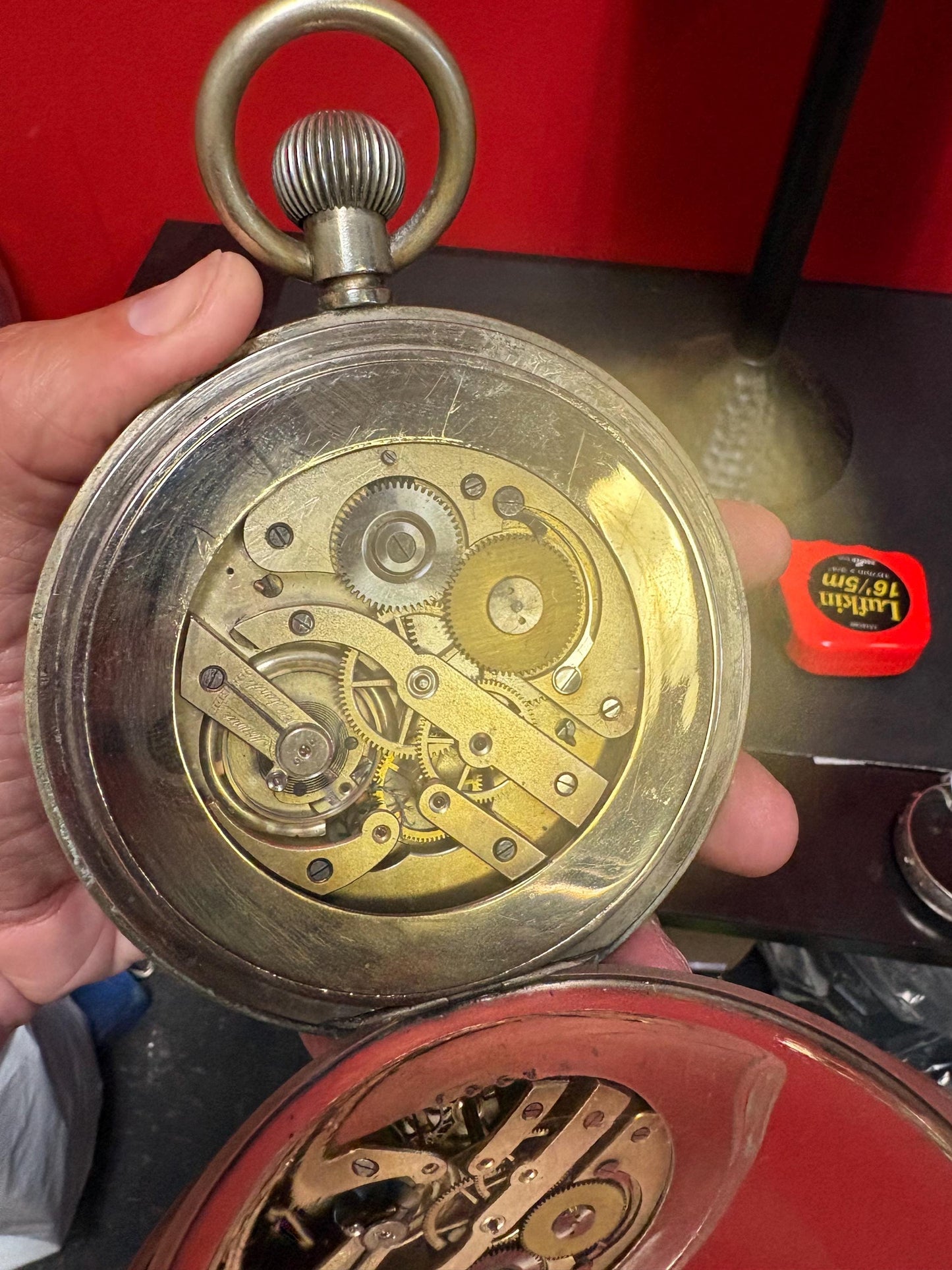 Massive English antique silver plated pocket watch - works perfectly in great condition - 5 1/2 inches tall B