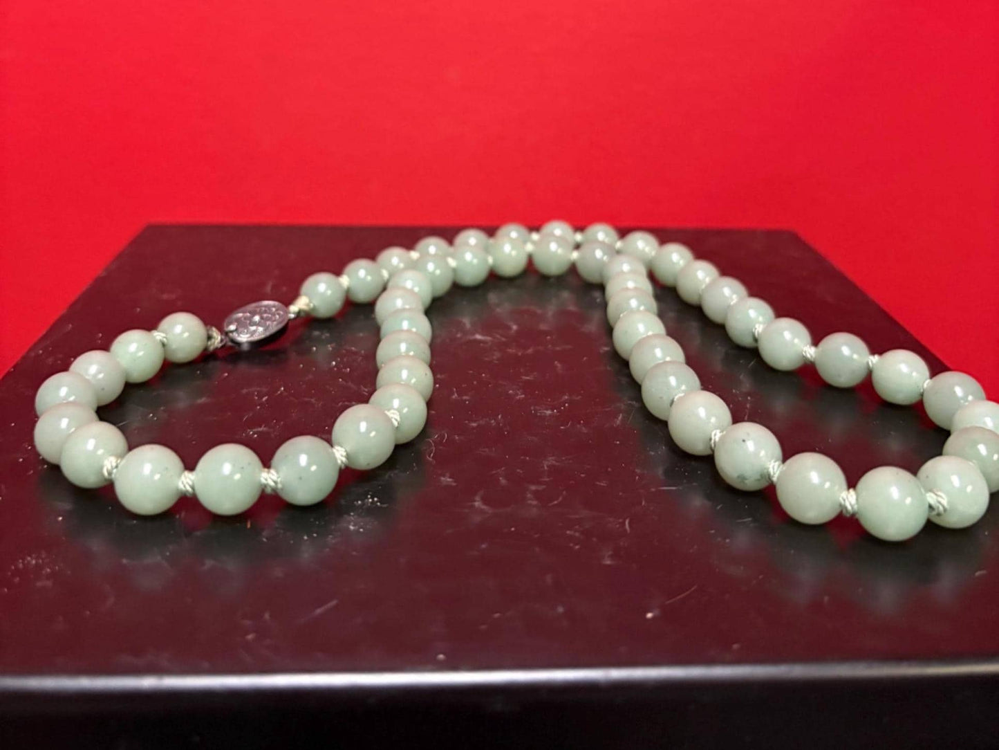 Vintage Chinese high-quality jade bead necklace with sterling silver clasp approximately 25 inches great knotting wonderful gift