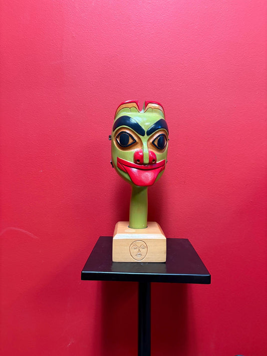 favulous  indigenous first nation Pacific Northwest Coast signed Haywood Russel  frog rattle in stand  rattle 10 inches and stand 2 inches