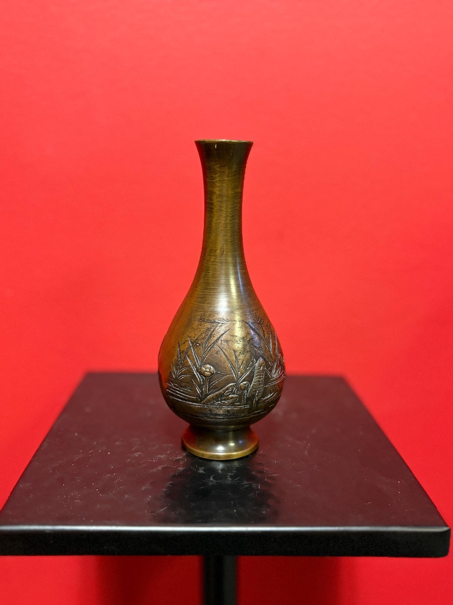 Beautiful antique Japanese meji Bronze vase 6.25 inches tall with amazing patina great heron motif beautiful gift -