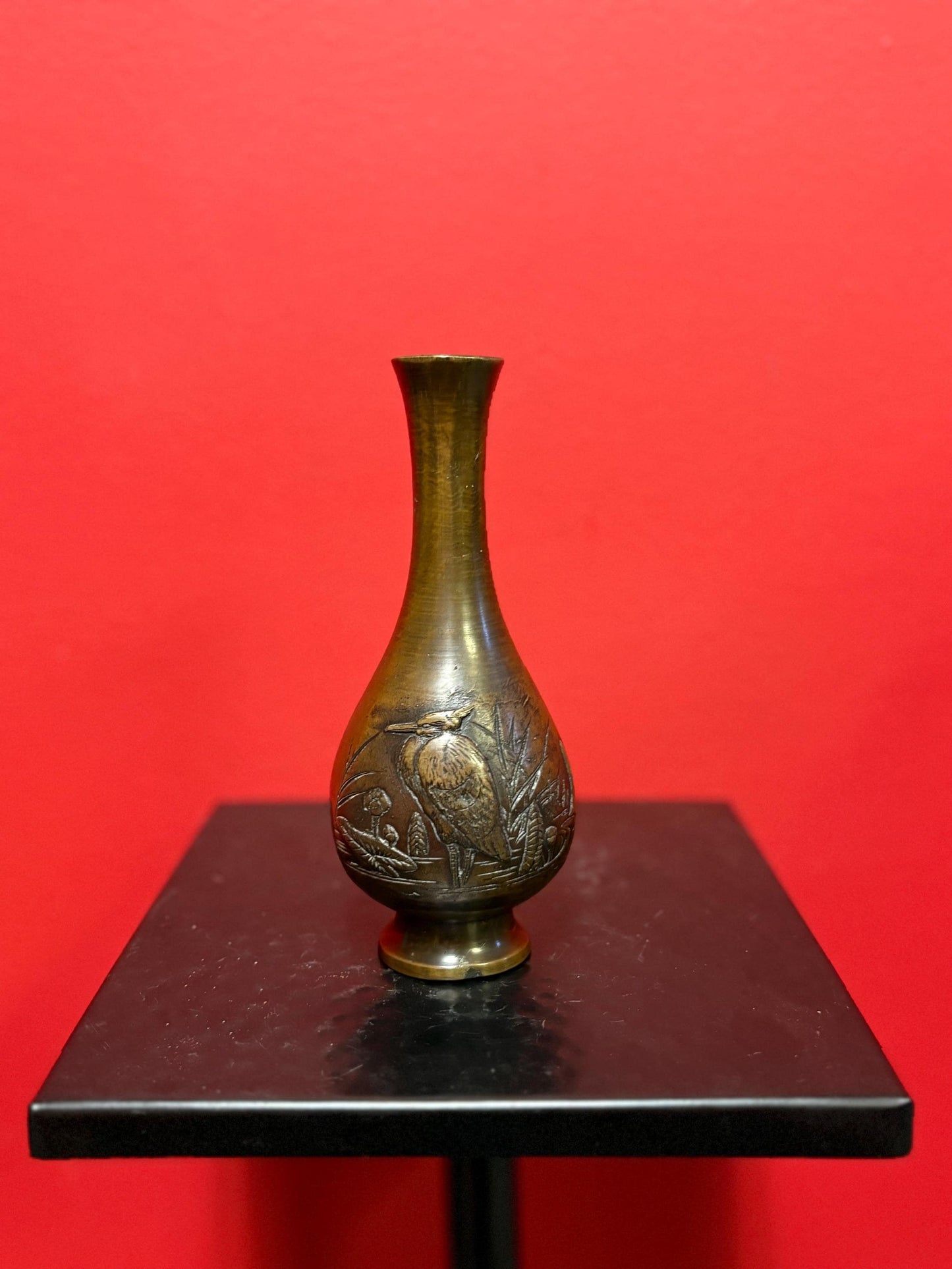 Beautiful antique Japanese meji Bronze vase 6.25 inches tall with amazing patina great heron motif beautiful gift -
