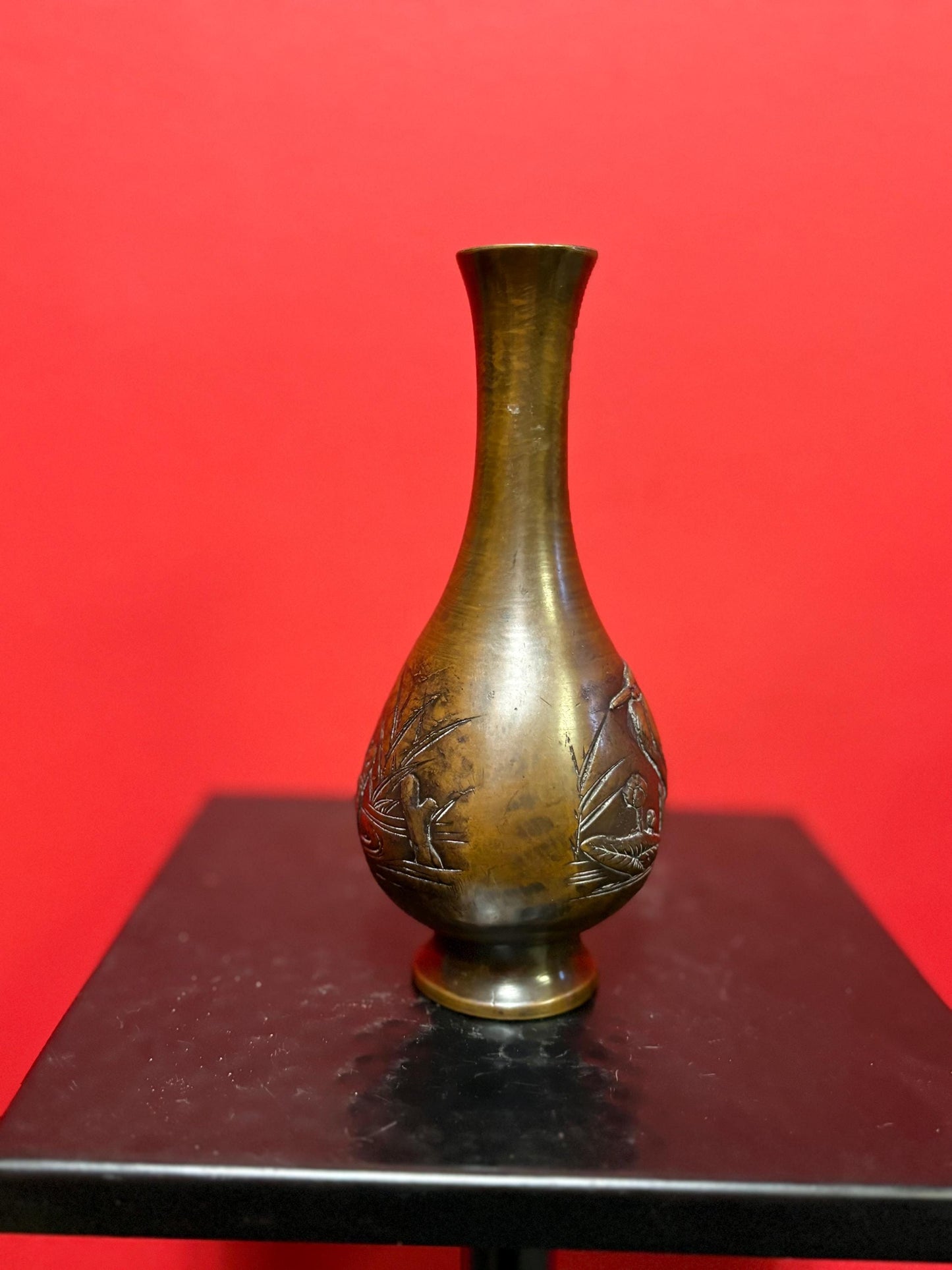 Beautiful antique Japanese meji Bronze vase 6.25 inches tall with amazing patina great heron motif beautiful gift -