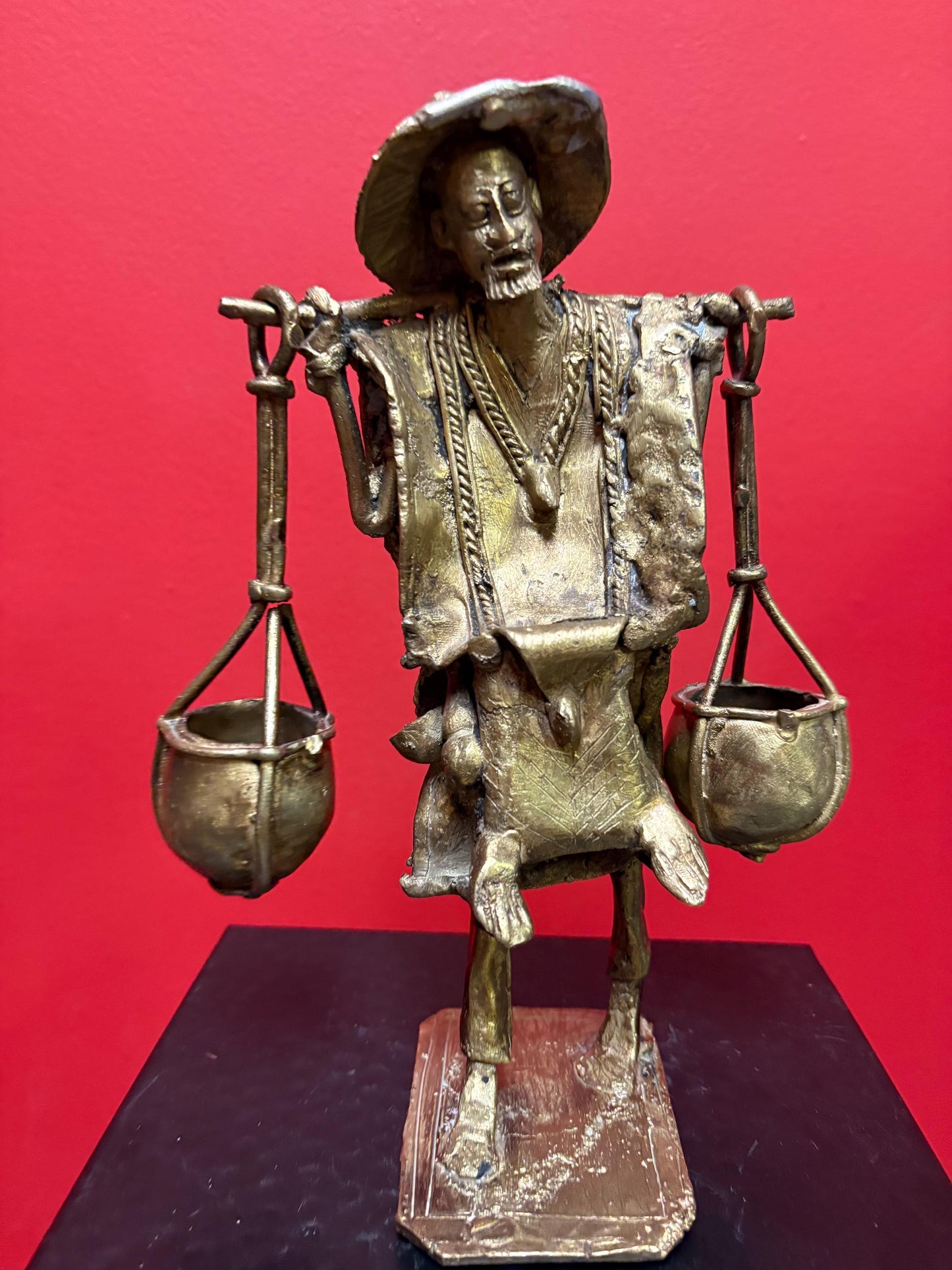 Gorgeous African bronze statue of a man carrying buckets old piece with great patina 9 1/2 inches tall great gift