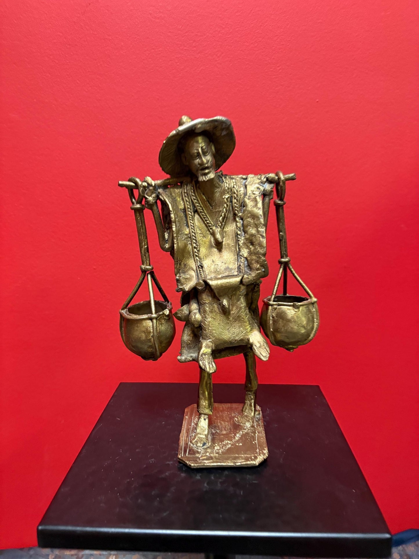 Gorgeous African bronze statue of a man carrying buckets old piece with great patina 9 1/2 inches tall great gift