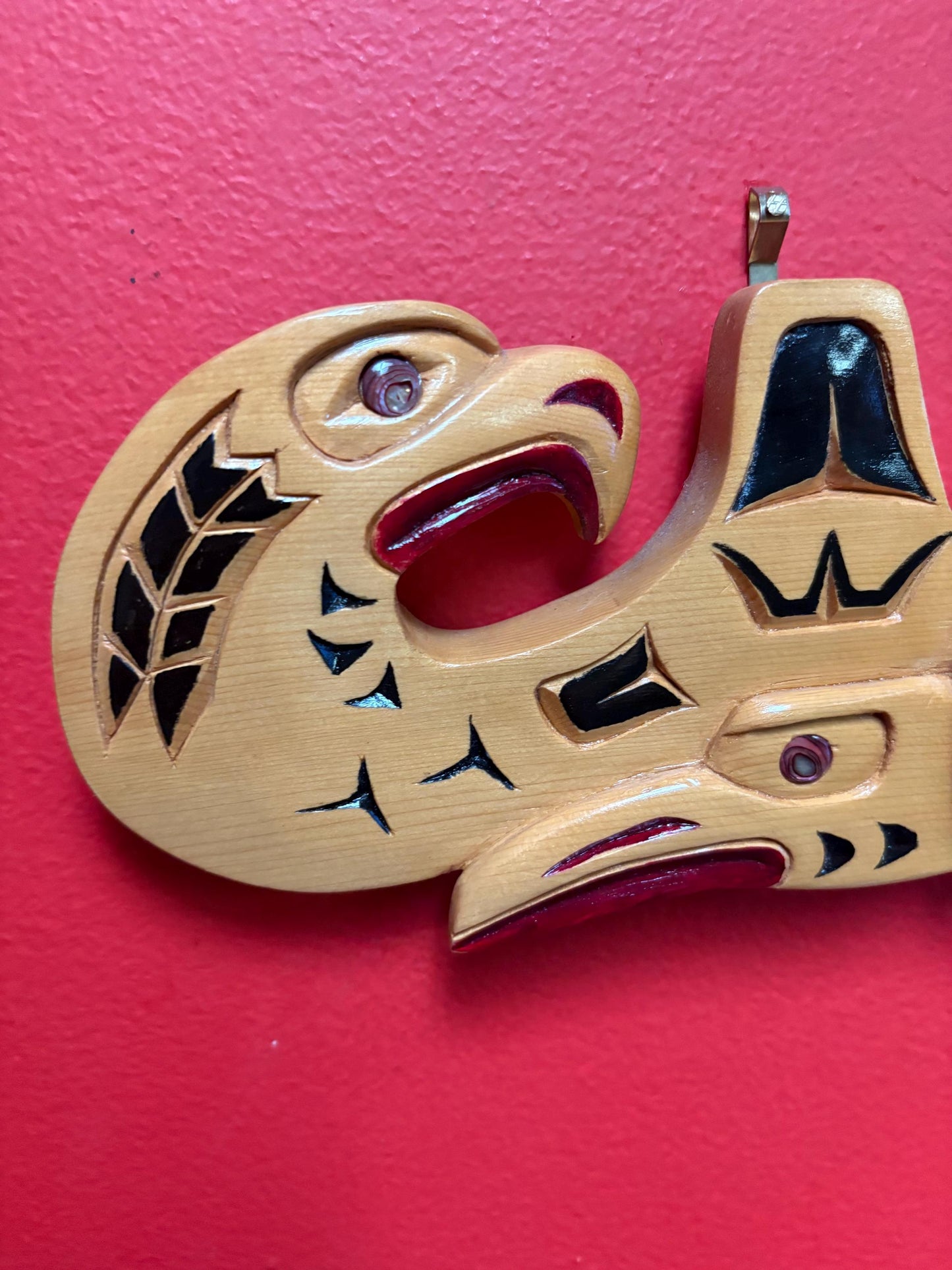 Stunning 9 x 4 signed yellow cedar and abalone plaque depicting shark Raven and Eagle indigenous First Nations Pacific Northwest Coast