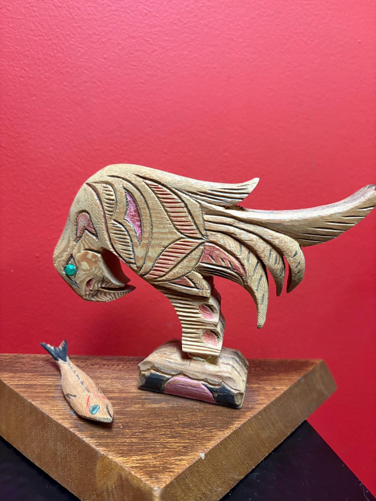 Beautiful indigenous first nations Pacific Northwest Coast carving of Eagle and salmon on base information on bottom 10 x 6 high