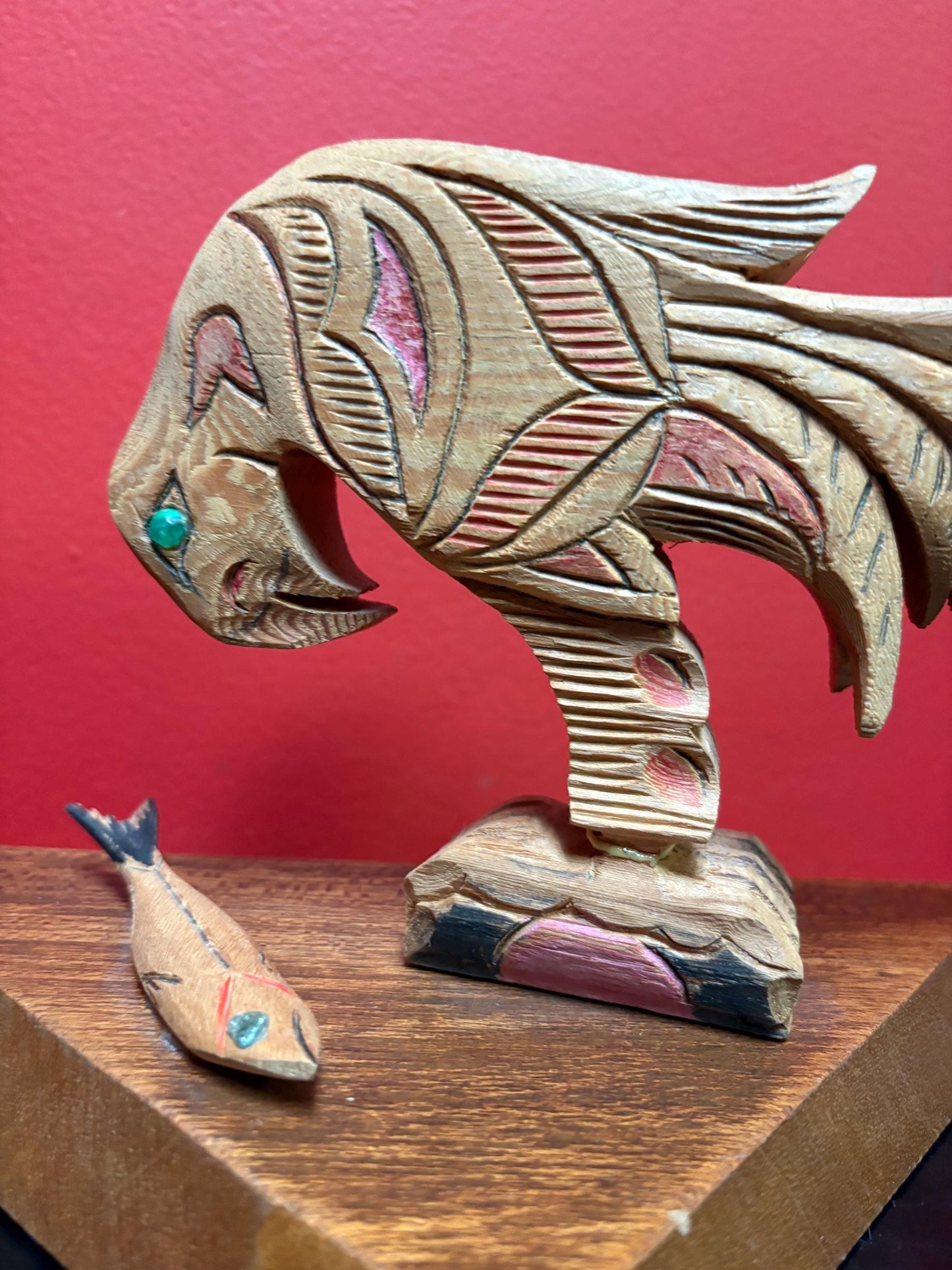 Beautiful indigenous first nations Pacific Northwest Coast carving of Eagle and salmon on base information on bottom 10 x 6 high