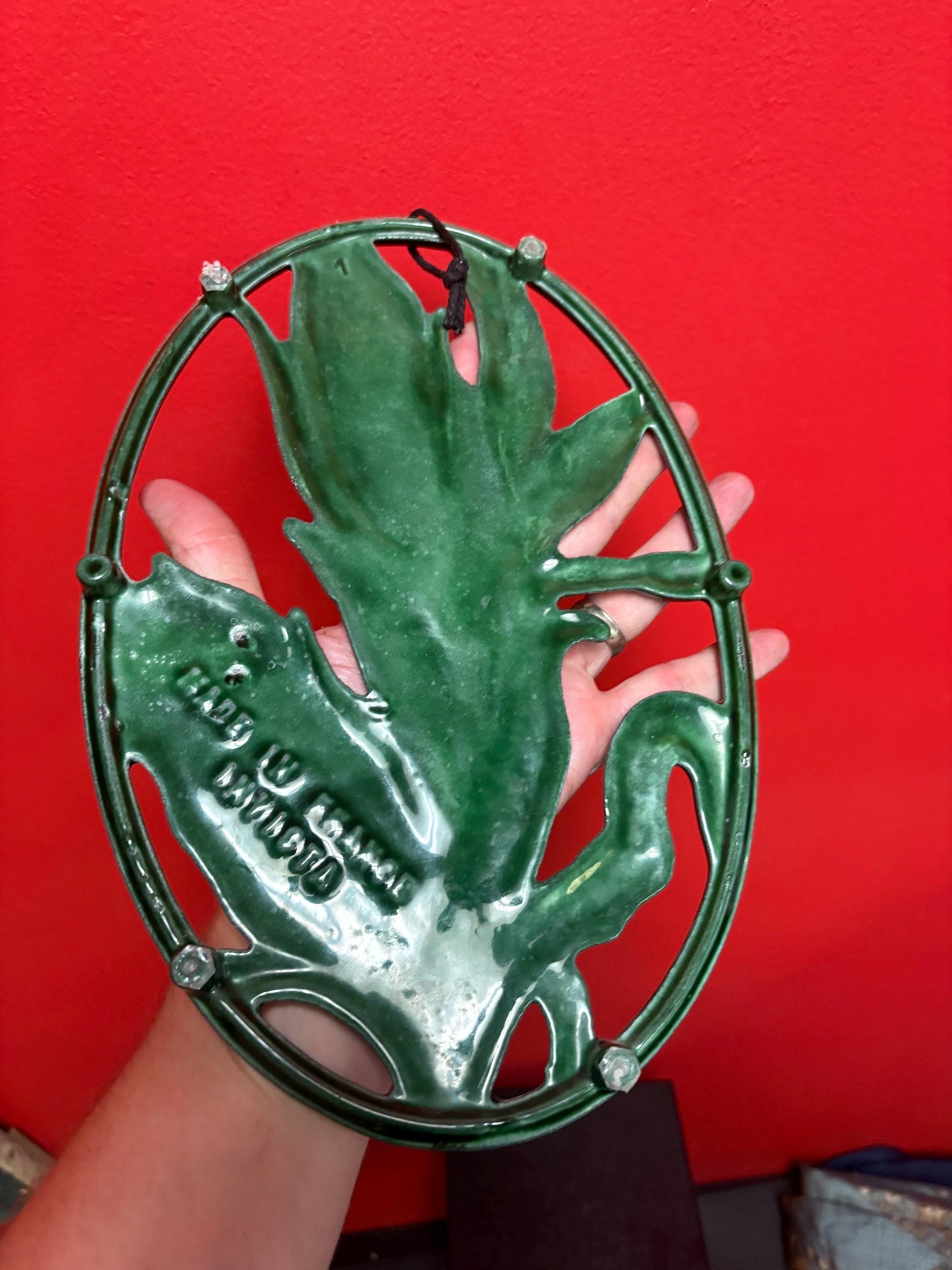 Beautiful French 11 x 8 wide antique INVICTA metal enamelled corn shaped trivet also hangs very cool gift