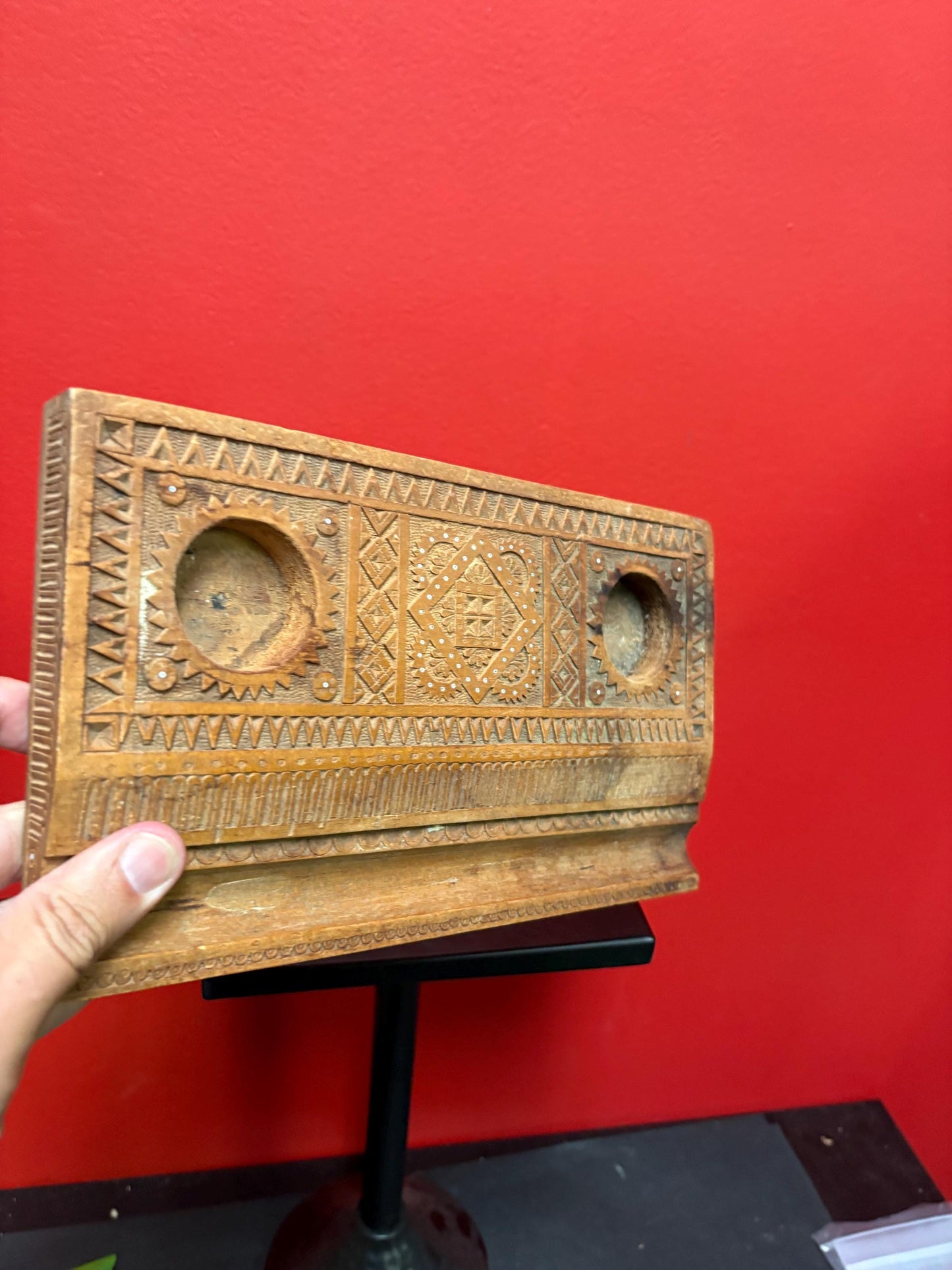 unique  heavily carved antique wooden inkwell  missing bottles - 11 x 7 and holes 1.5 inch wide great value
