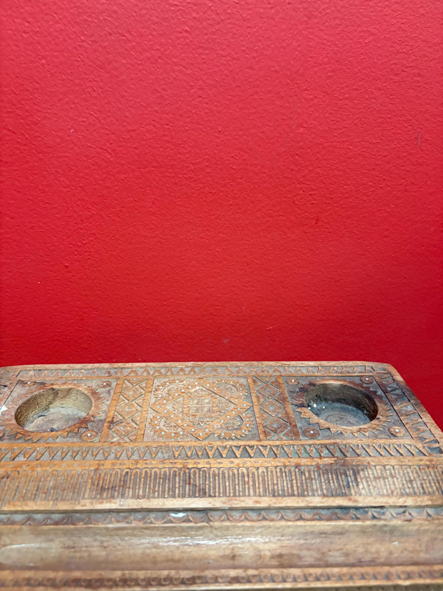 unique  heavily carved antique wooden inkwell  missing bottles - 11 x 7 and holes 1.5 inch wide great value