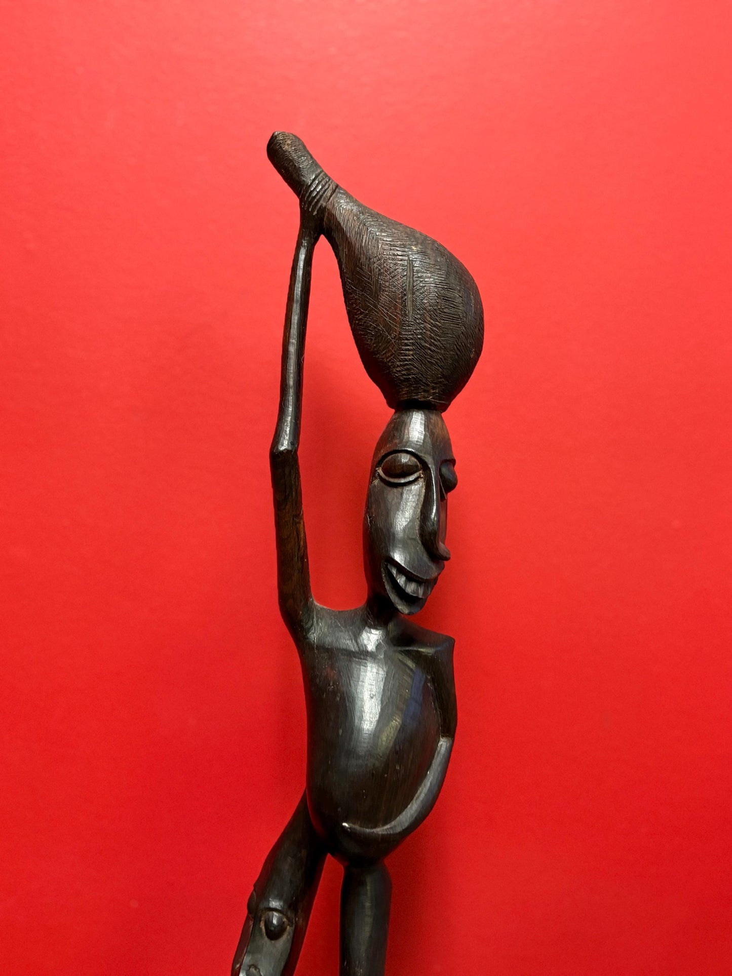 Magnificent African antique 18 inch tall Shetani Ebony wood statue  wonderful imagery and detail  great value