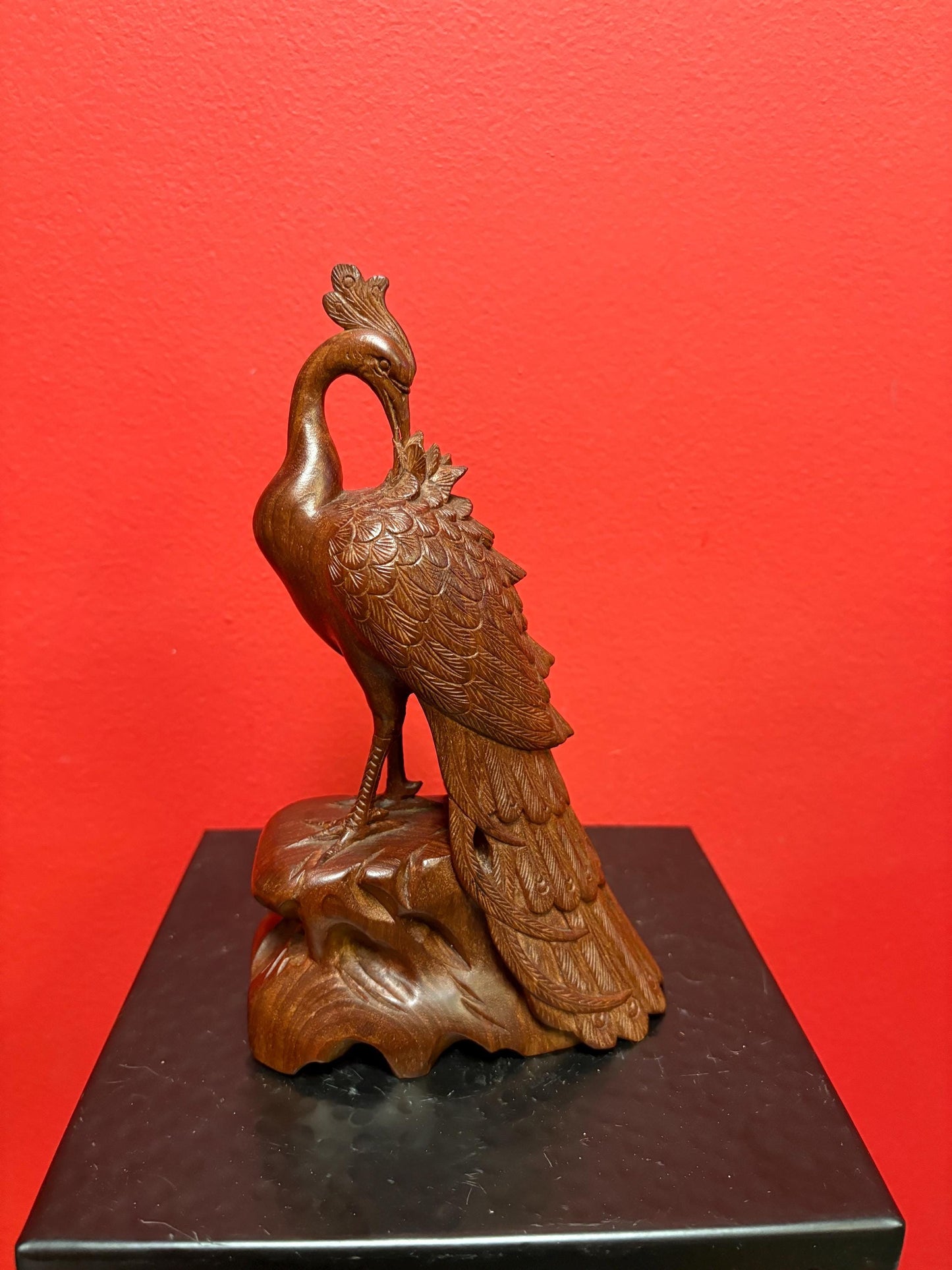 Beautiful well detailed wooden Asian peacock   8.5 inches tall elegant