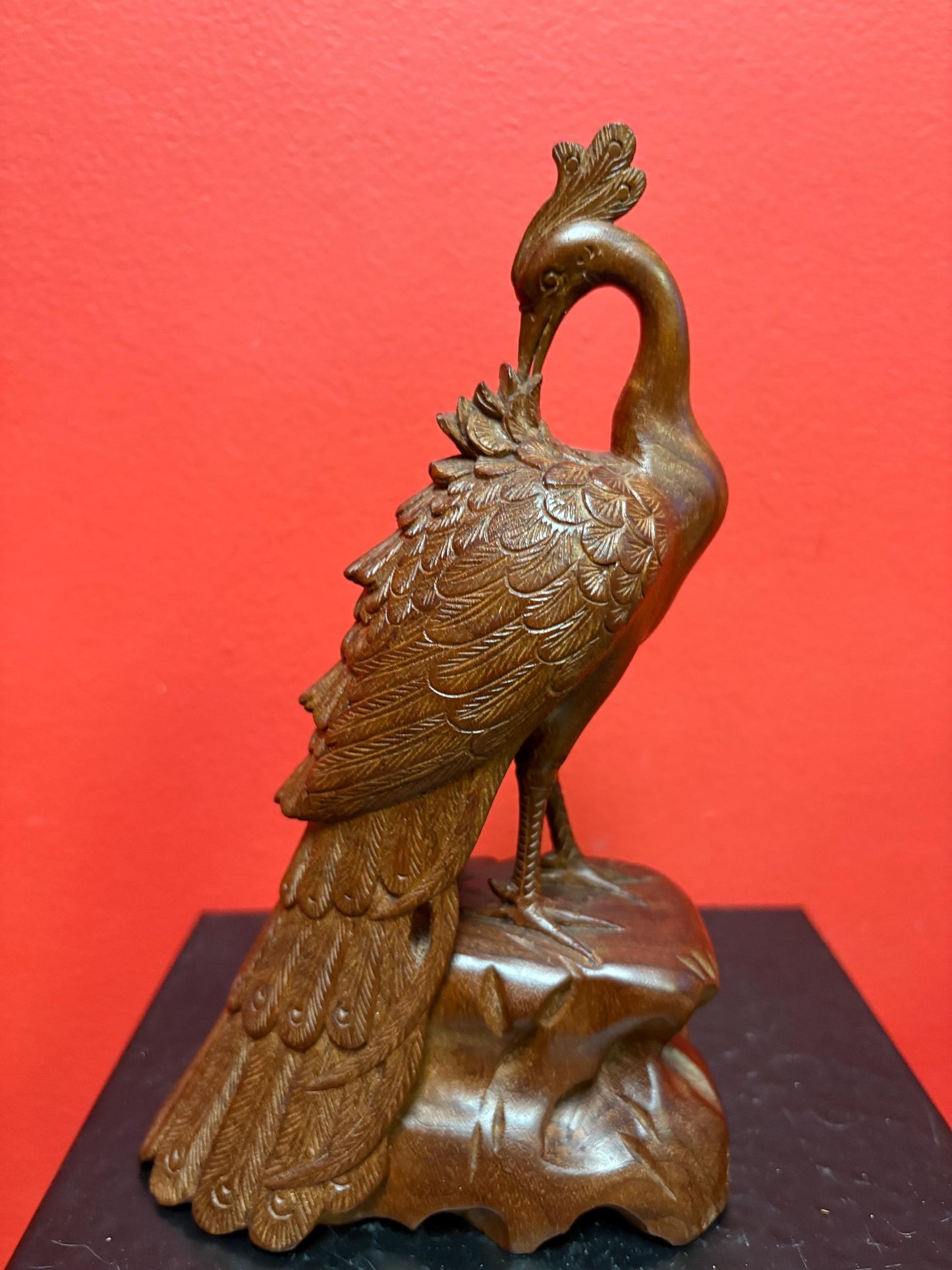Beautiful well detailed wooden Asian peacock   8.5 inches tall elegant