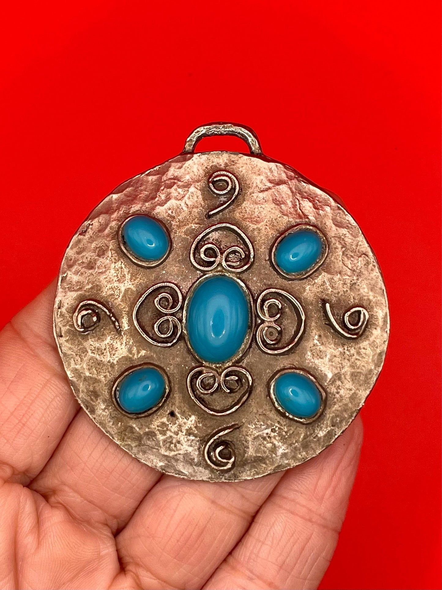 Round Hammered Metal Pendant with blue beads and Scroll Design