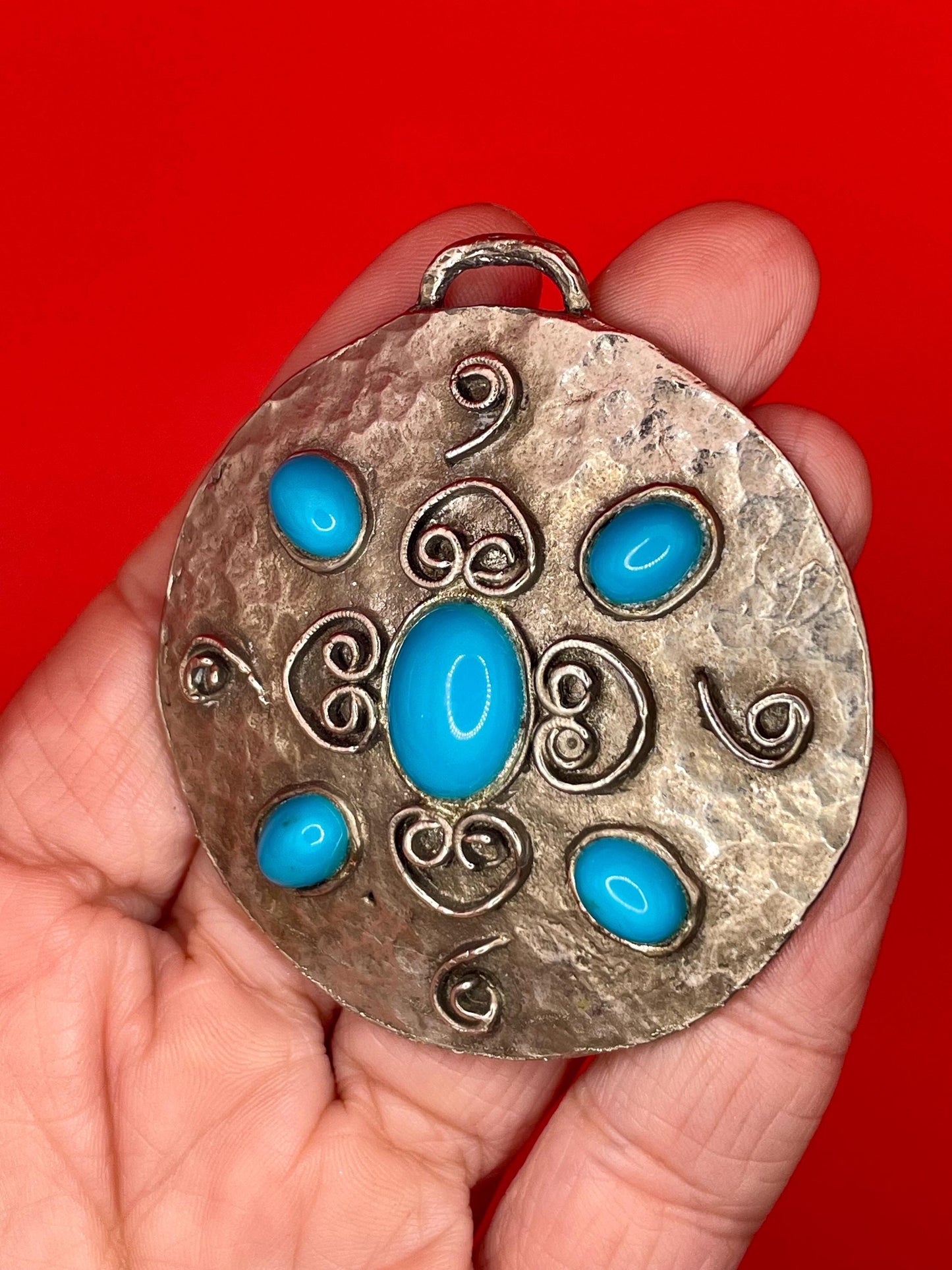 Round Hammered Metal Pendant with blue beads and Scroll Design