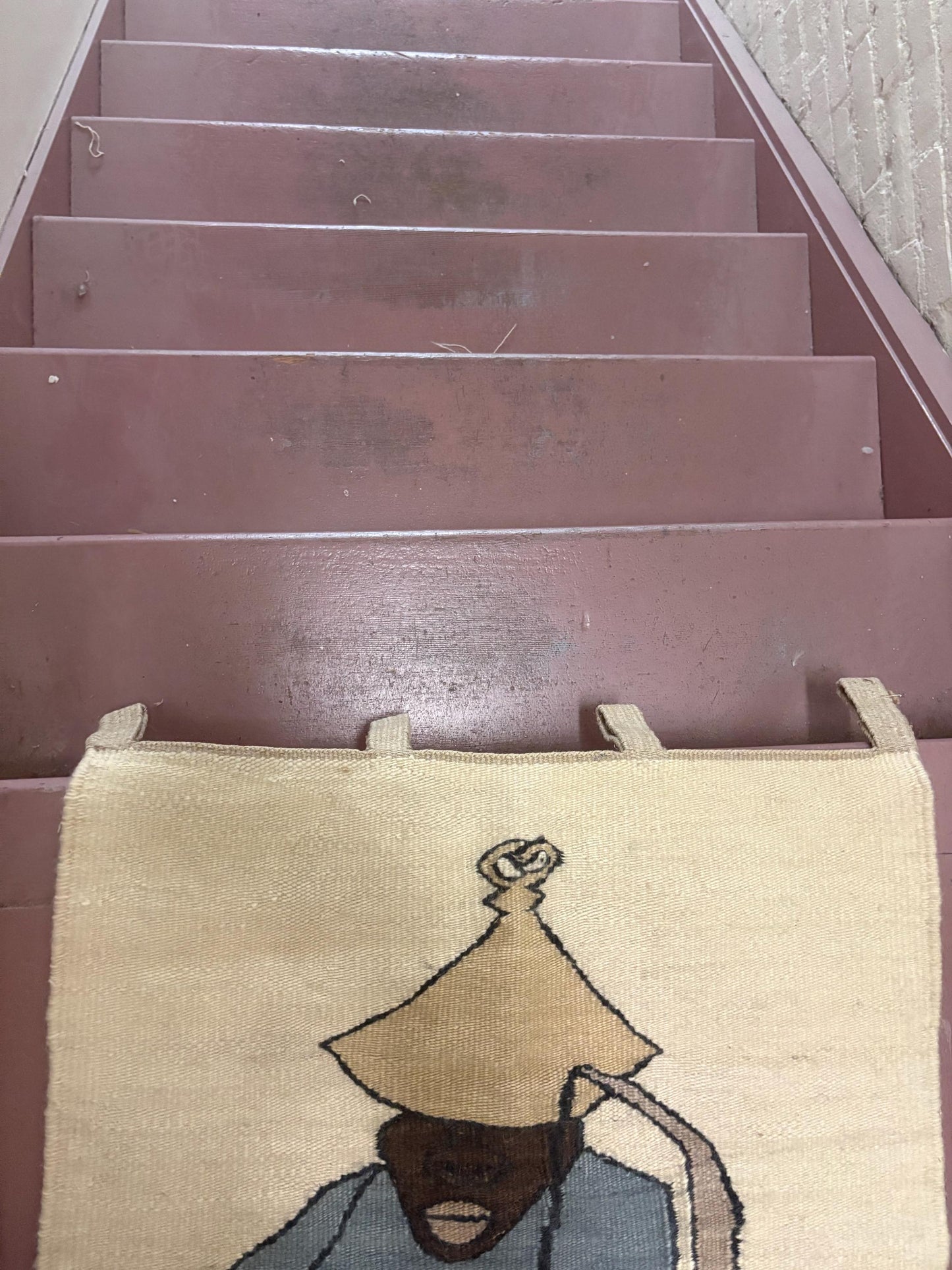 Beautiful monteng weavers signed 81 x 117 cm woven South African LESOTHO wall hanging depicting a gentleman - needs hanger