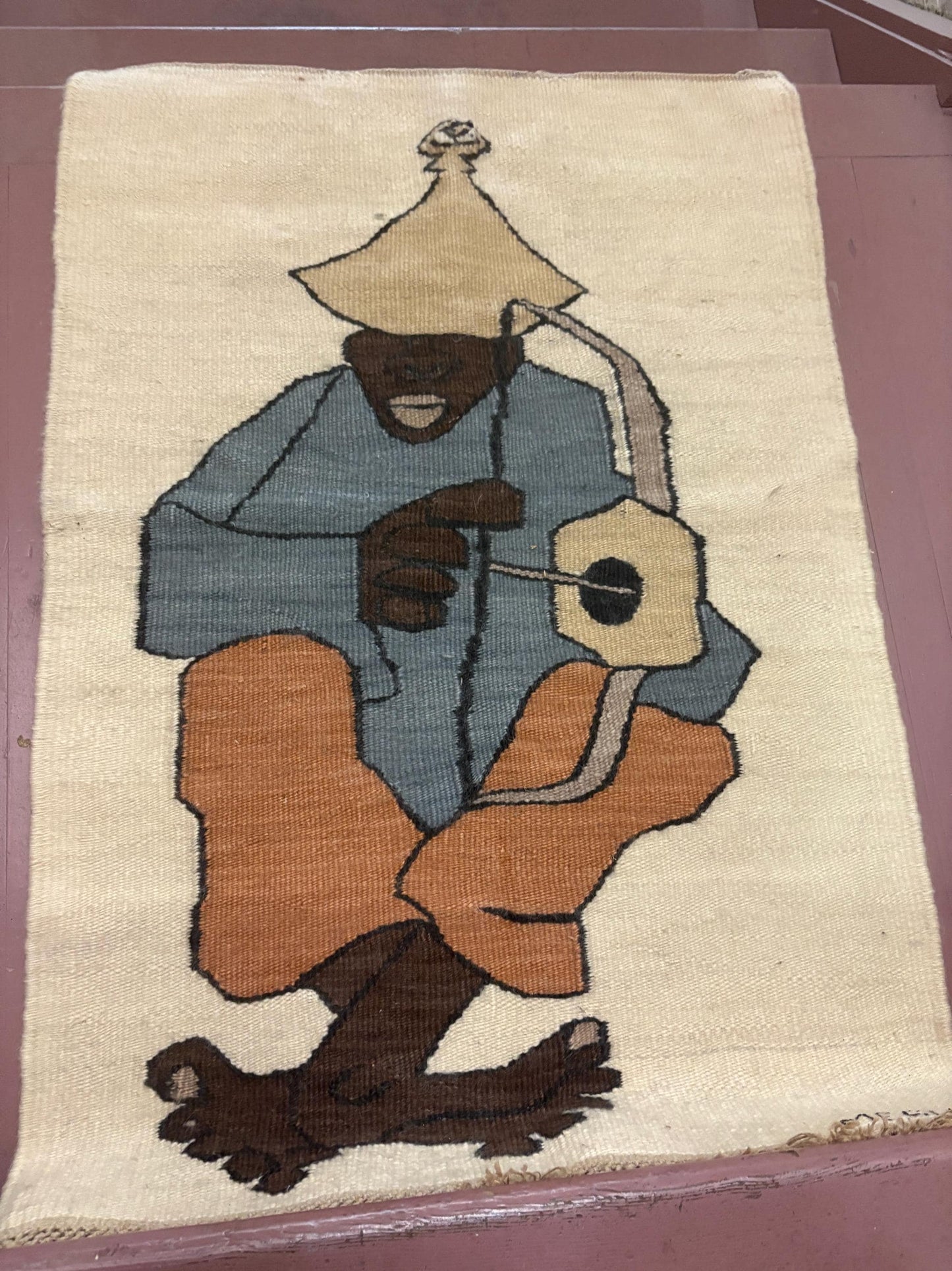 Beautiful monteng weavers signed 81 x 117 cm woven South African LESOTHO wall hanging depicting a gentleman - needs hanger