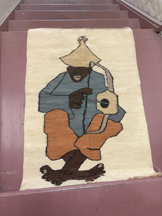 Beautiful monteng weavers signed 81 x 117 cm woven South African LESOTHO wall hanging depicting a gentleman - needs hanger