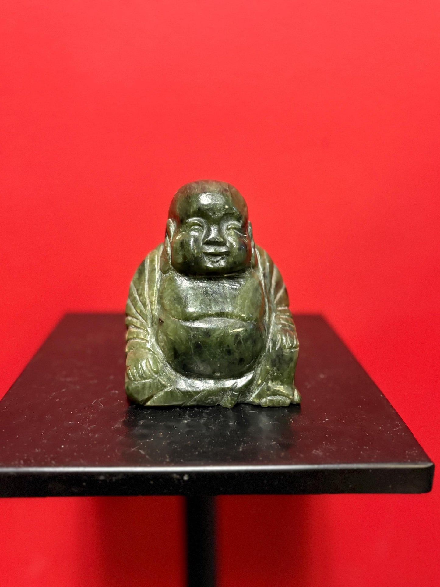 Wonderful Chinese antique dark green jade 4.5 inches high  happy Buddha  amazing detail and good value