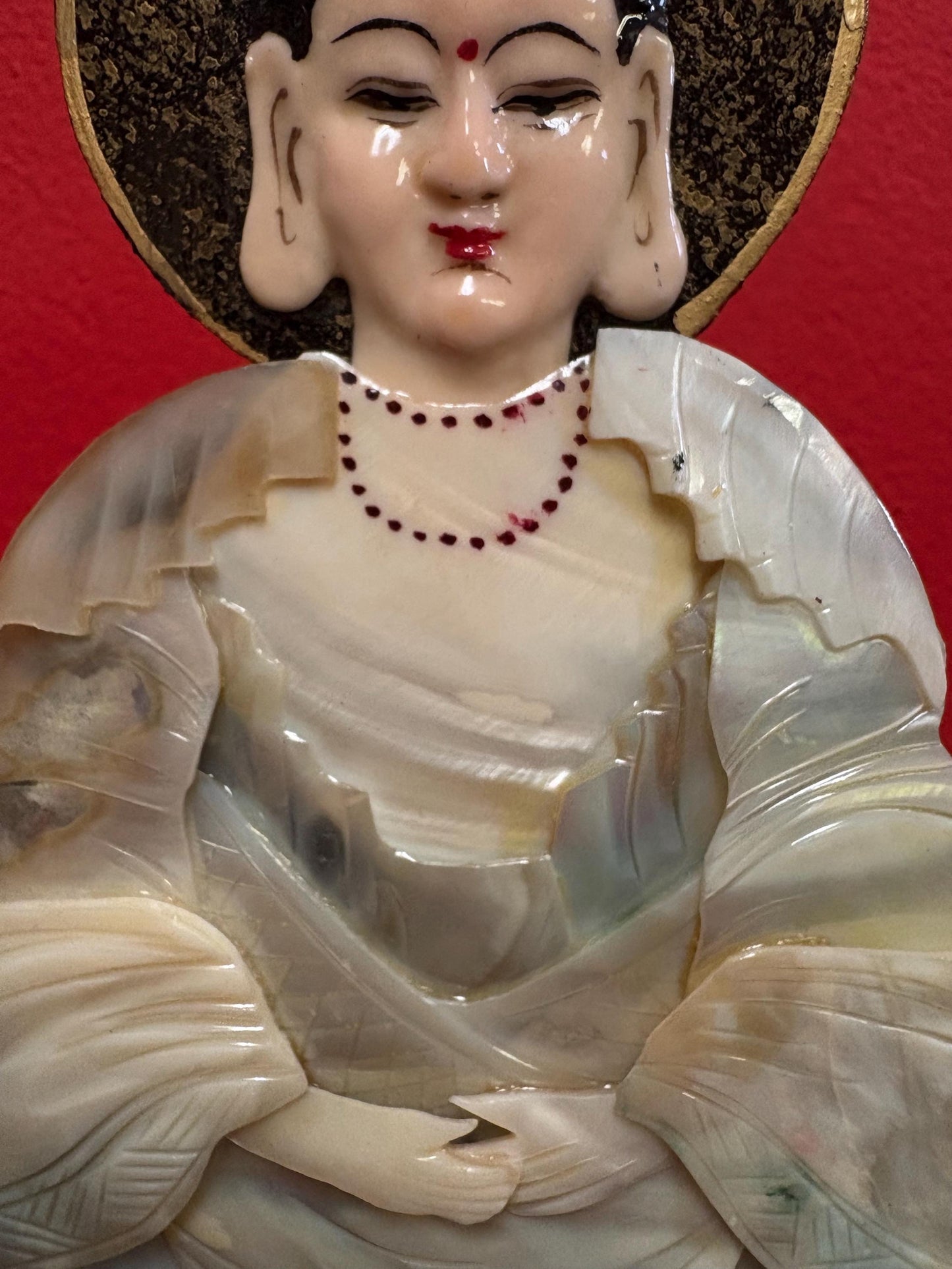 Stunning Chinese antique mother of pearl and lacquer statue of a Buddha unbelievable quality wonderful condition 9 x 5 wide