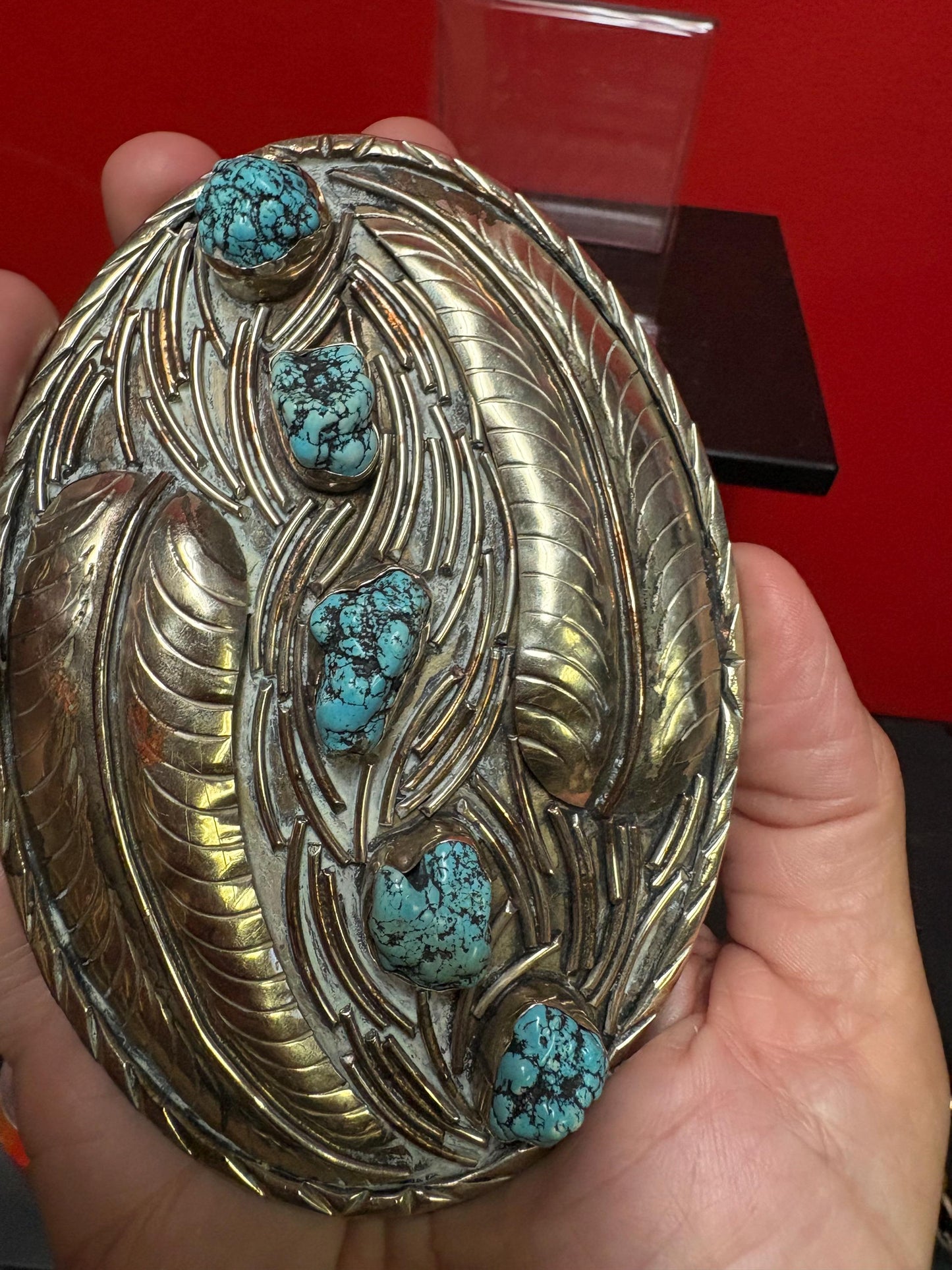 Amazing massive Navajo silver plated and turquoise 5 inch belt buckle statement piece perfect gift great value