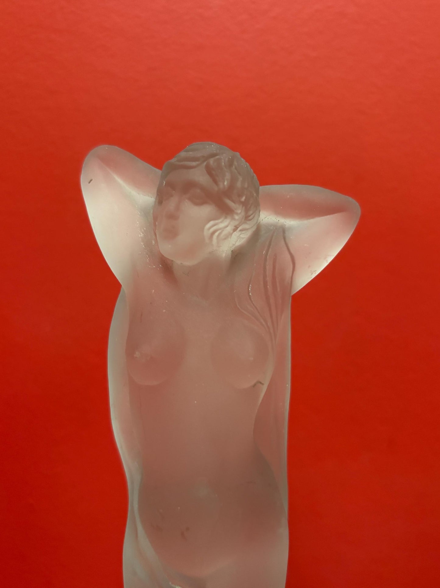 Amazing 10 inch tall antique European frosted art glass nude on wooden stand amazing detail great value and great gift wow